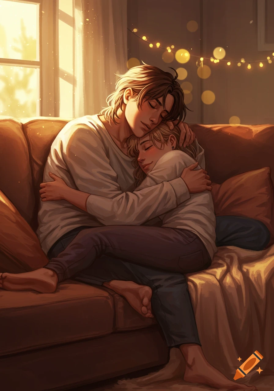 Illustration of two people cuddling on a cozy couch with warm lighting and string lights.