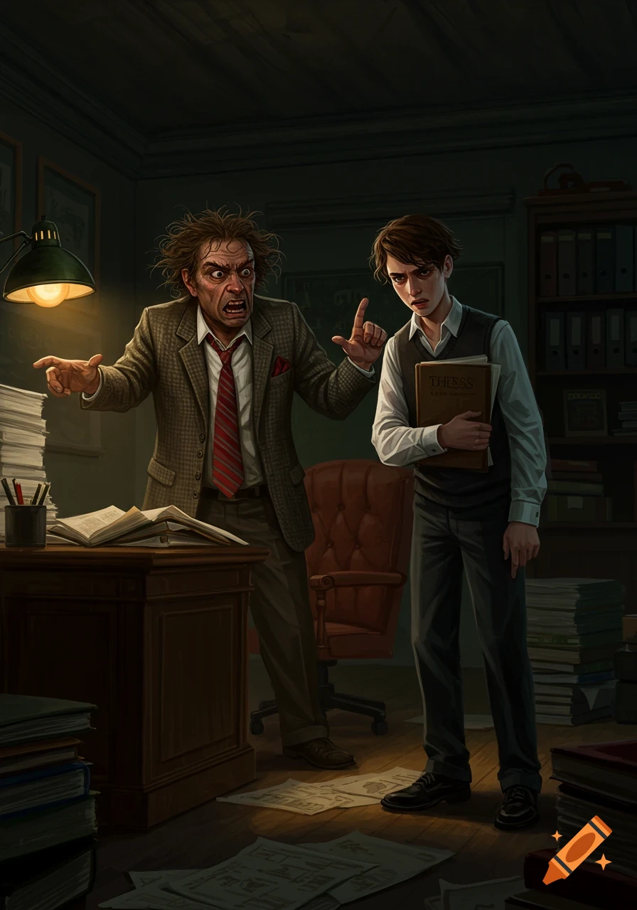 An agitated professor yells at a discouraged student holding a book in a cluttered, dimly lit university office, in an expressive illustration.
