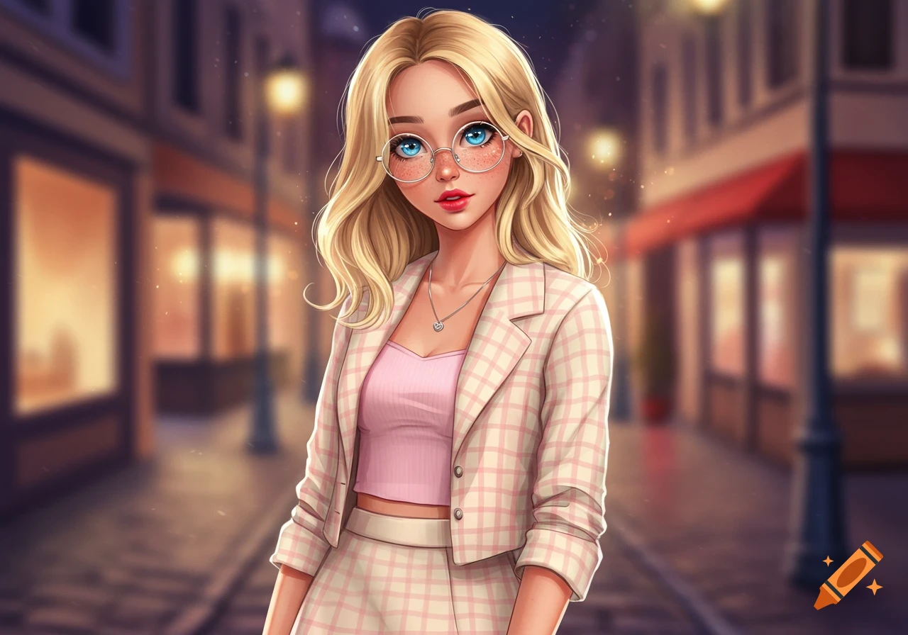 A blonde animated girl with blue eyes and glasses, wearing a pink plaid blazer and skirt, stands on a city street.