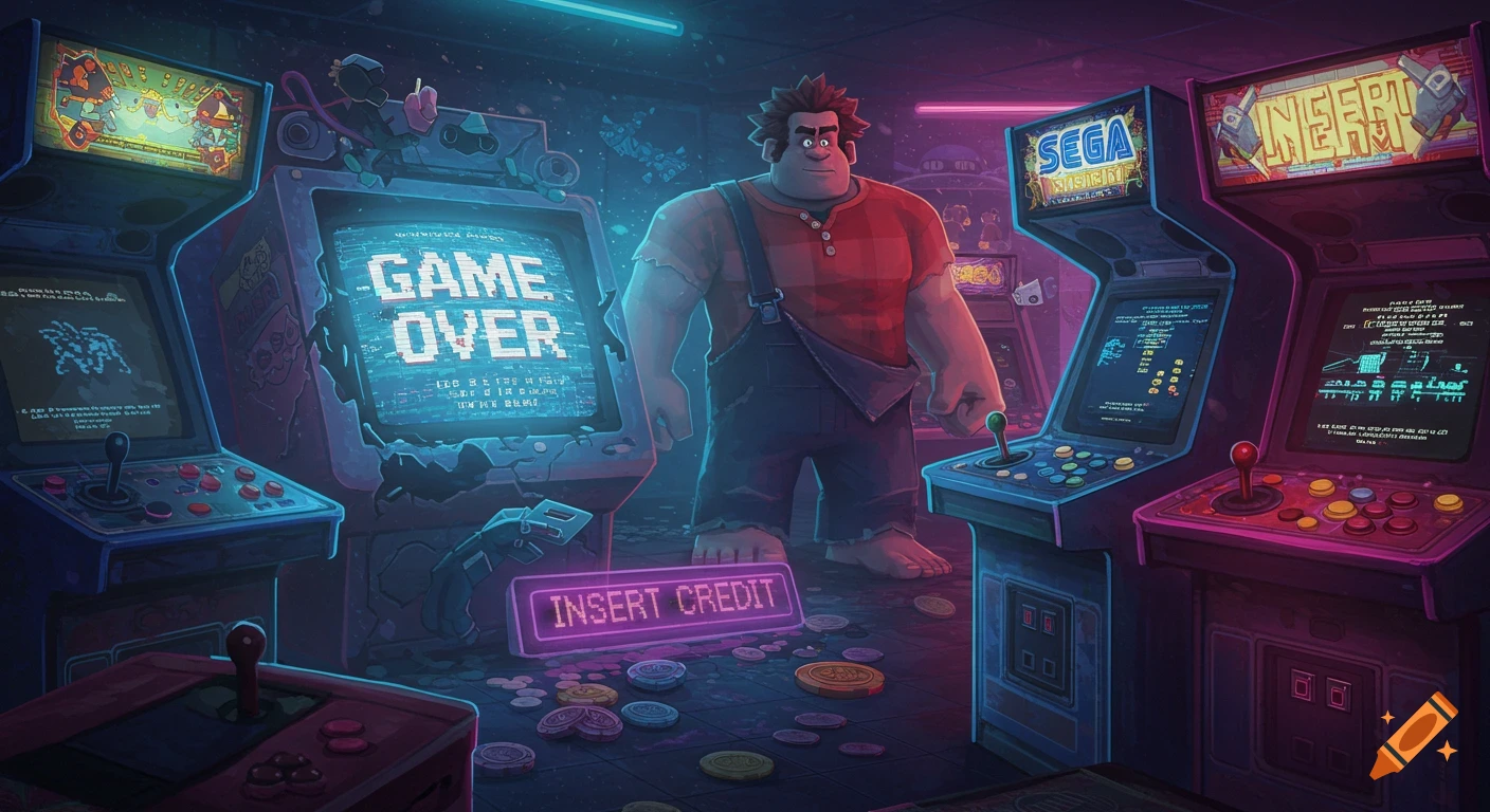 Wreck-It Ralph stands in a dimly lit retro arcade with neon lights, facing a 'GAME OVER' screen on an arcade cabinet. Coins are scattered on the floor.