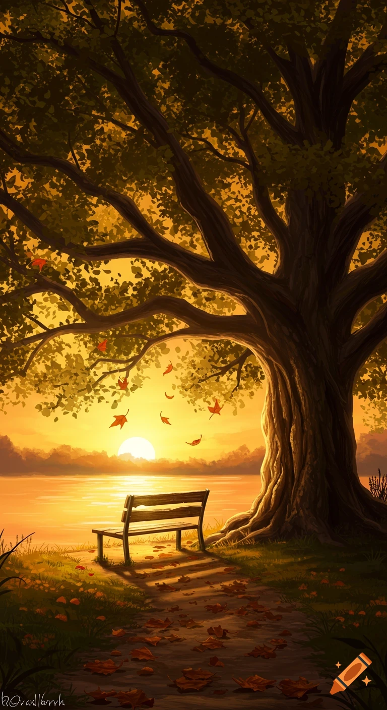 An autumn sunset scene with a large tree and a bench overlooking a lake, with fall leaves on the ground.