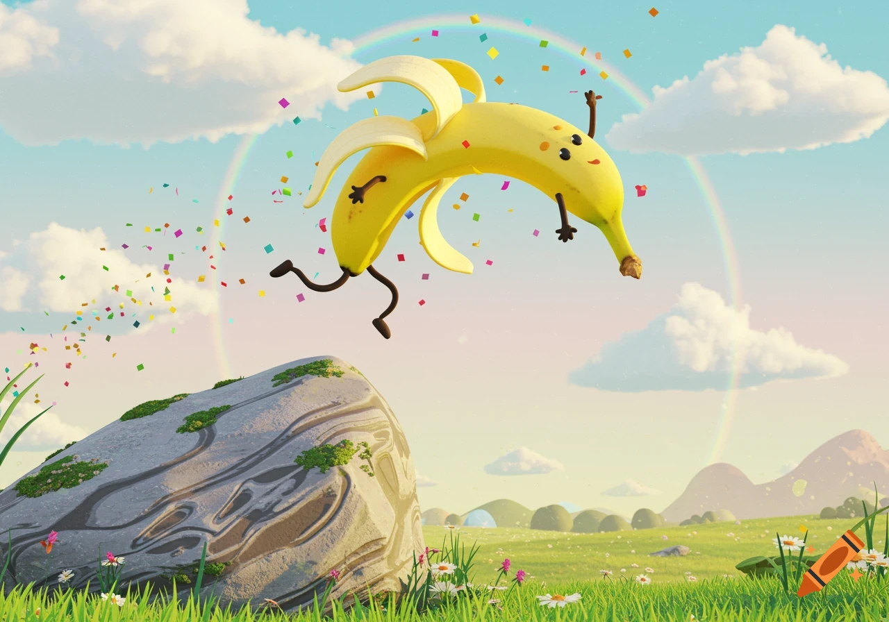 A whimsical cartoon banana, peeled and with limbs, jumps over a mossy rock in a vibrant green field with confetti and a rainbow in the sky.