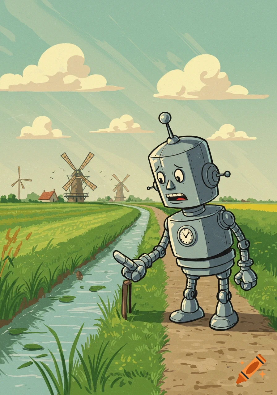 A cartoon robot stands on a dirt path next to a stream, pointing towards windmills in a green field under a cloudy sky.