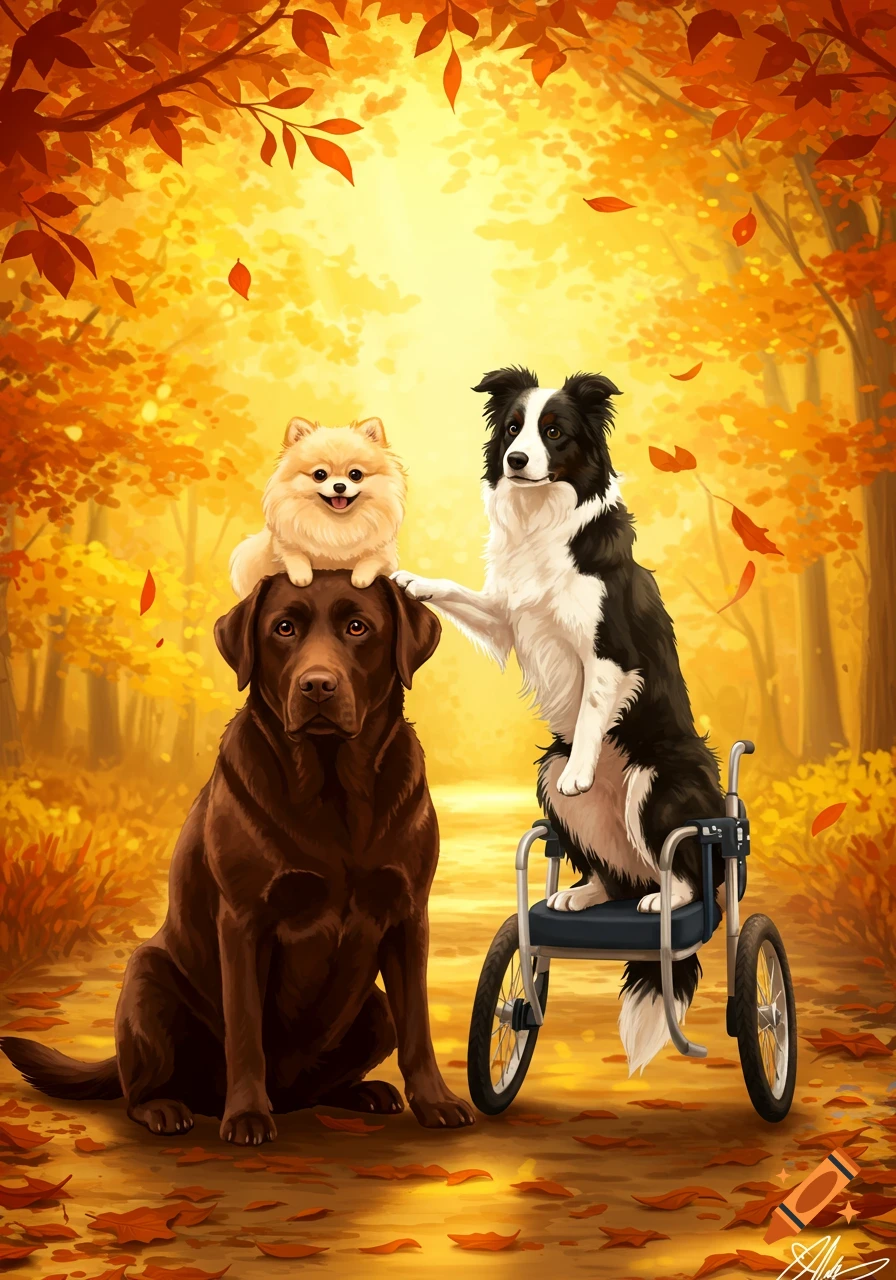 A chocolate Labrador, a Pomeranian on its head, and a Border Collie in a wheelchair in a vibrant autumn forest.