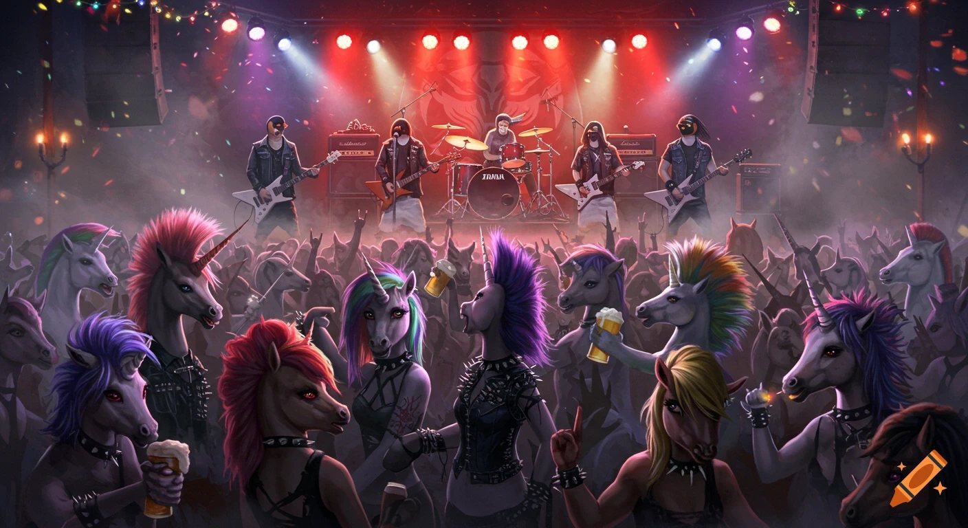A heavy metal band with penguin-like masked members performs on a stage lit by red and violet strobes, to a large crowd of female unicorns with mohawks and punk attire.