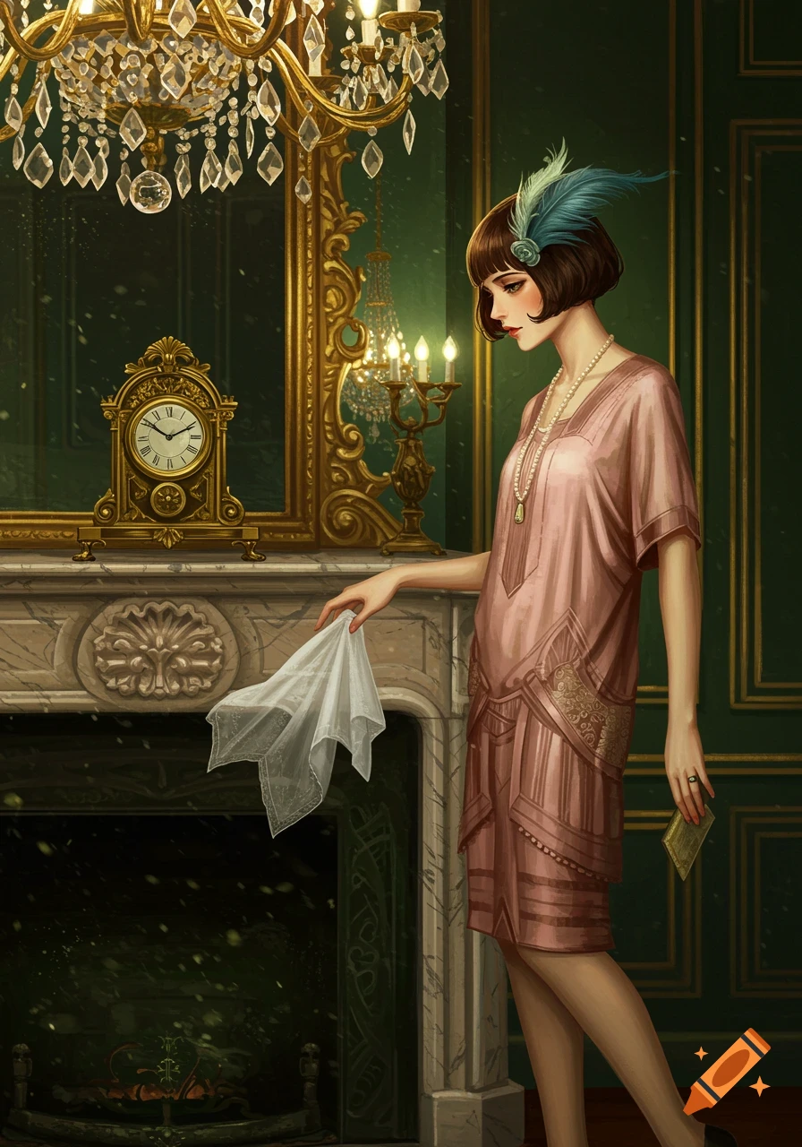 A fashionable young woman in a 1920s dress stands by a marble fireplace, holding a handkerchief, in a lavish room with a chandelier.