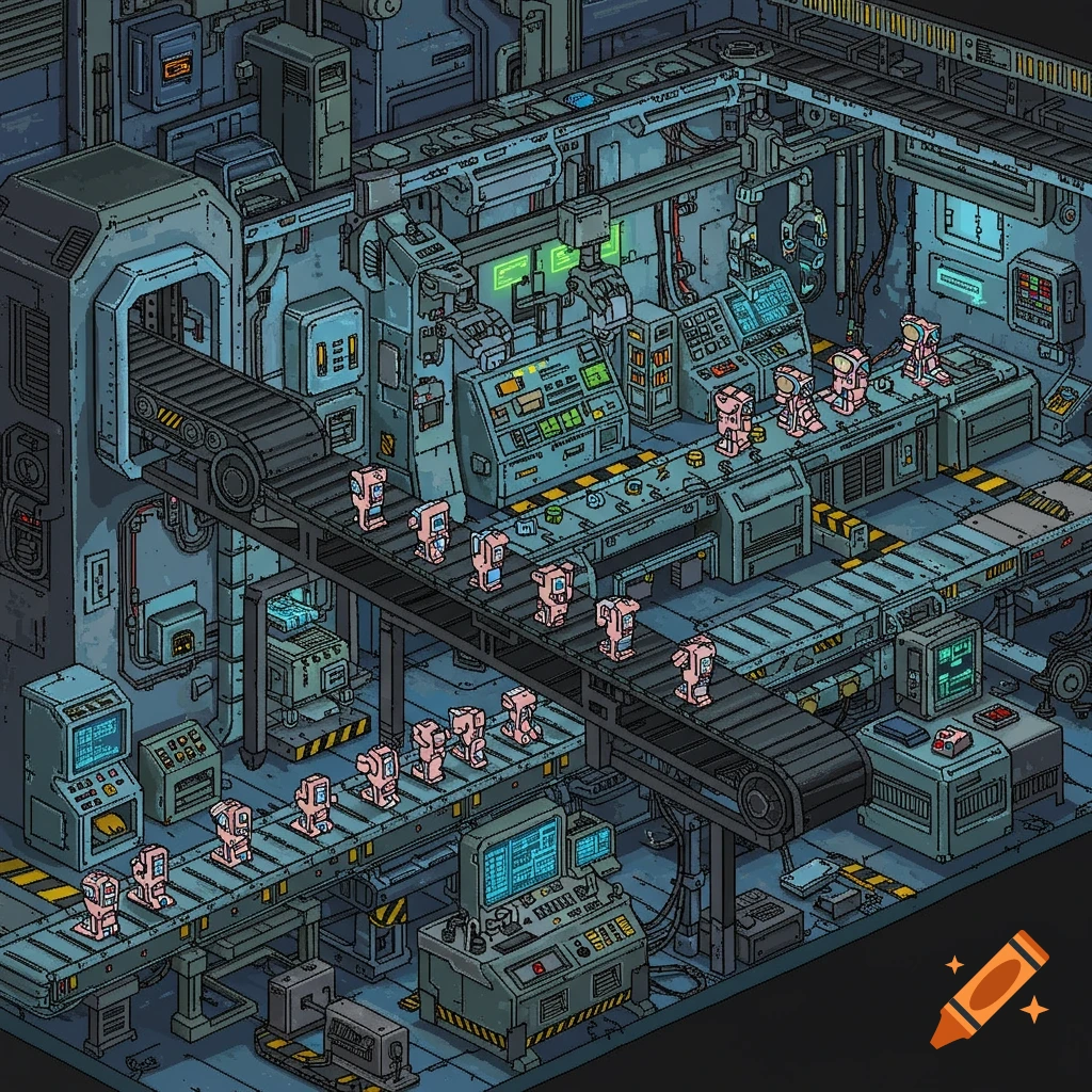 A 2D pixelated isometric view of a futuristic robot factory with pink robots on conveyor belts.