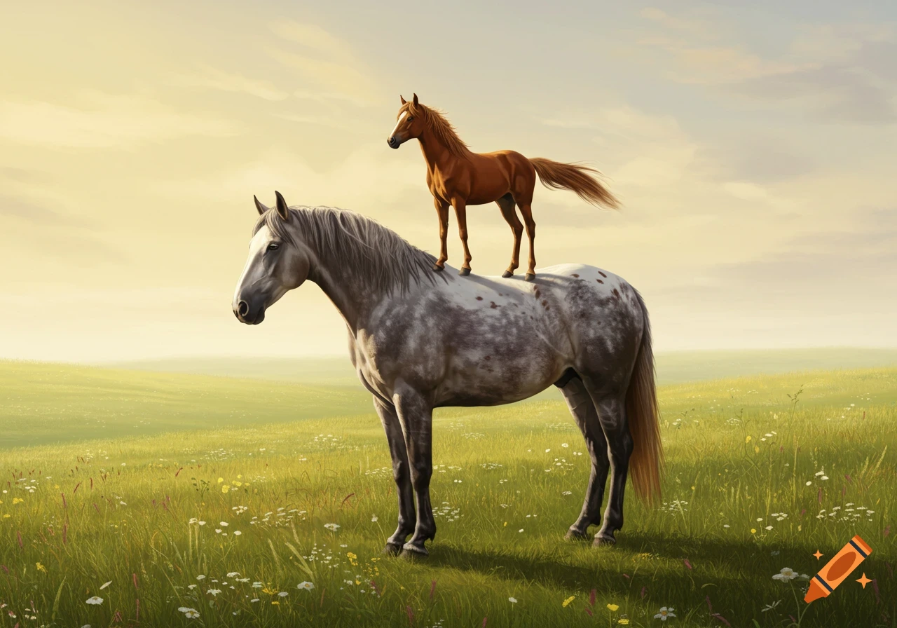 A small brown horse stands on the back of a large dappled gray horse in a grassy field with wildflowers under a clear sky.