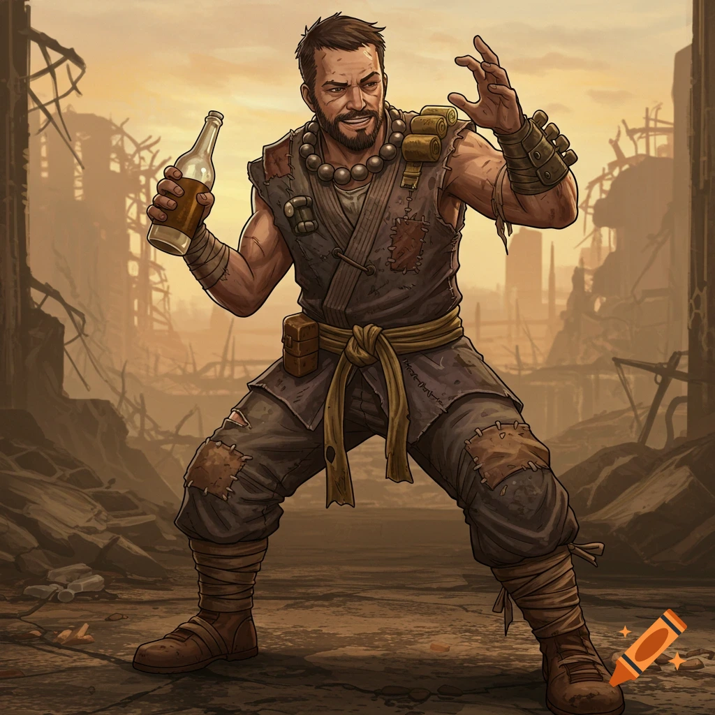 A grizzled man with a beard, wearing patched rags and a beaded necklace, holds a bottle in a wasteland setting, in a fantasy art style.