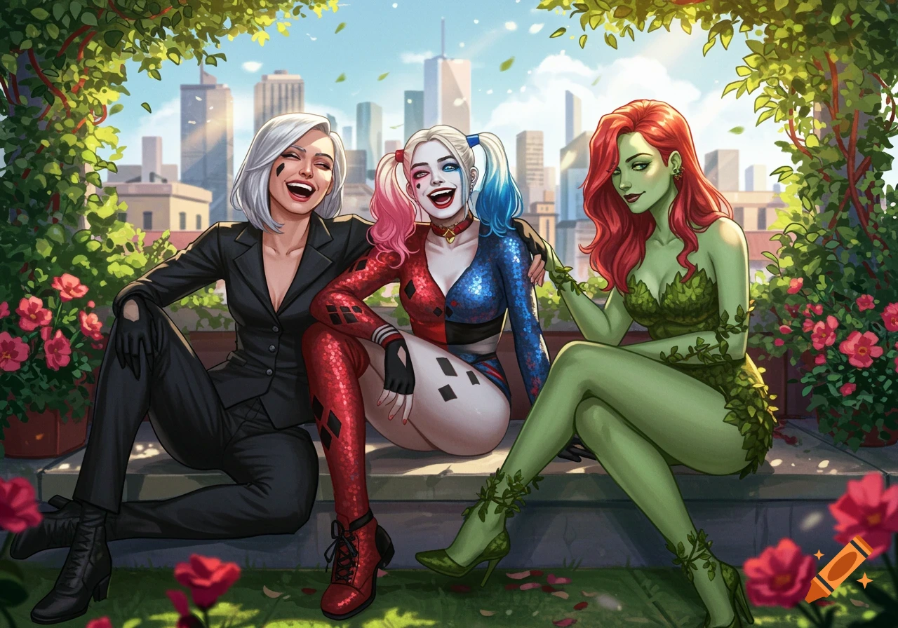Felicia Hardy, Harley Quinn, and Poison Ivy sitting on a rooftop surrounded by greenery, with a city skyline in a comic art style.