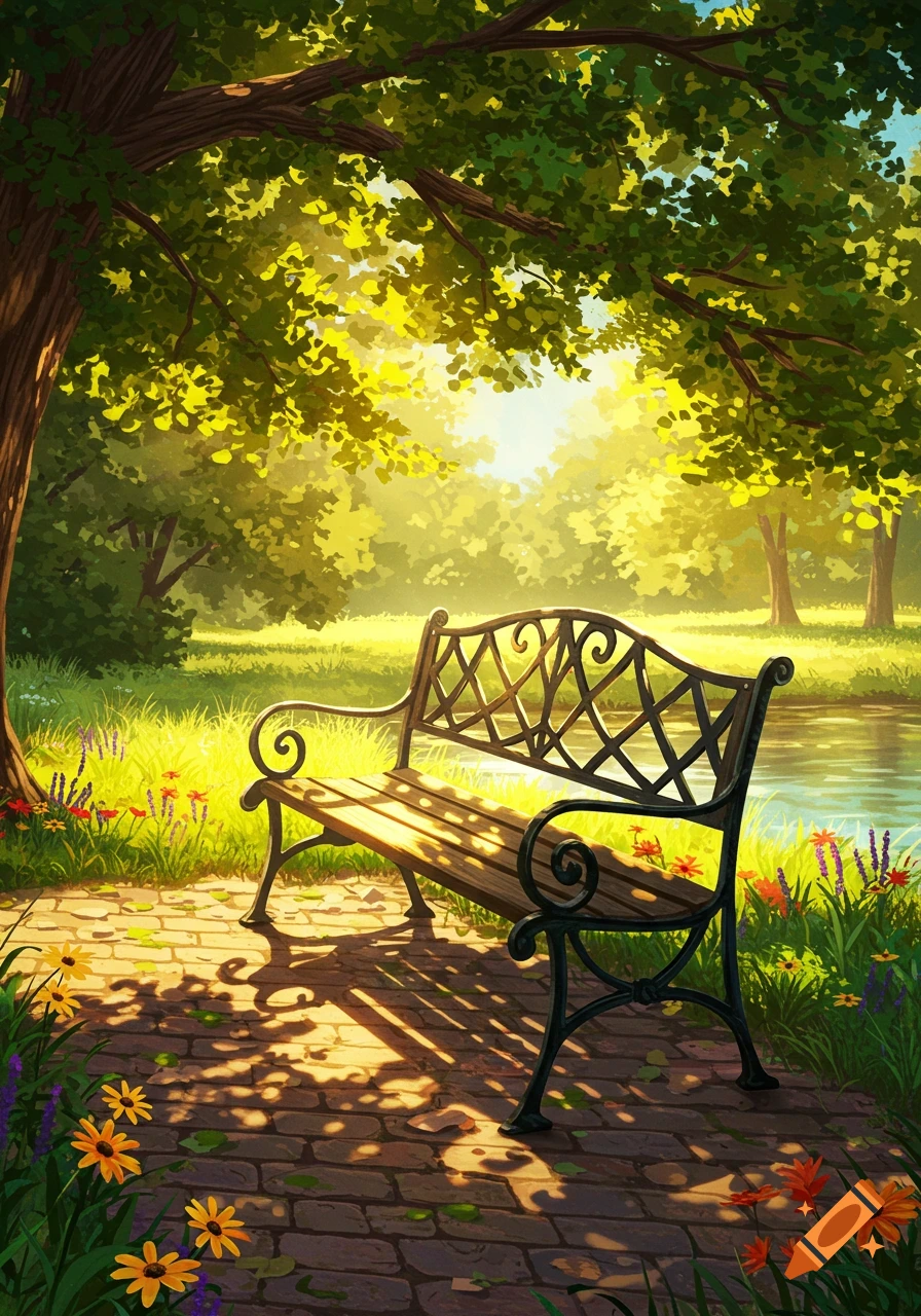 An illustration of a sunny park scene with a black metal bench on a brick path next to a pond, surrounded by green trees and flowering plants.