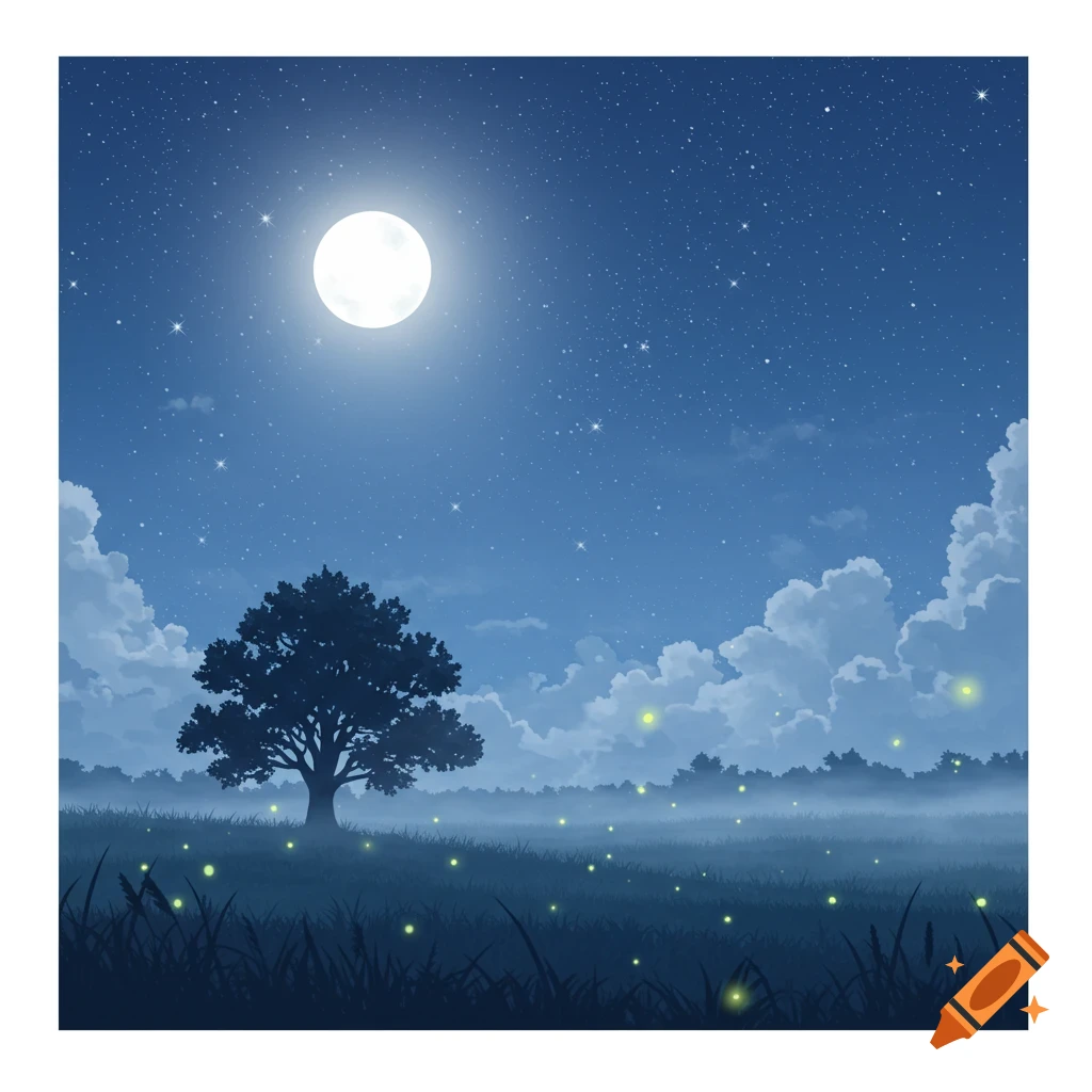 Illustrative night landscape with a full moon, starry sky, a silhouetted tree, and glowing fireflies in a misty field.