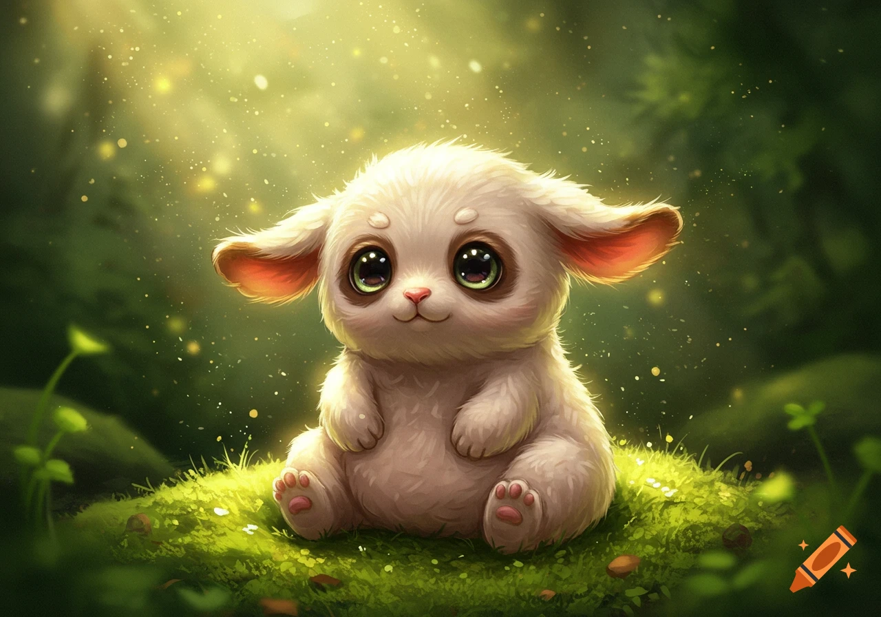 A fluffy, white, round hybrid creature with large, green, shiny eyes and floppy ears, sits on a patch of green grass in a sun-dappled forest.