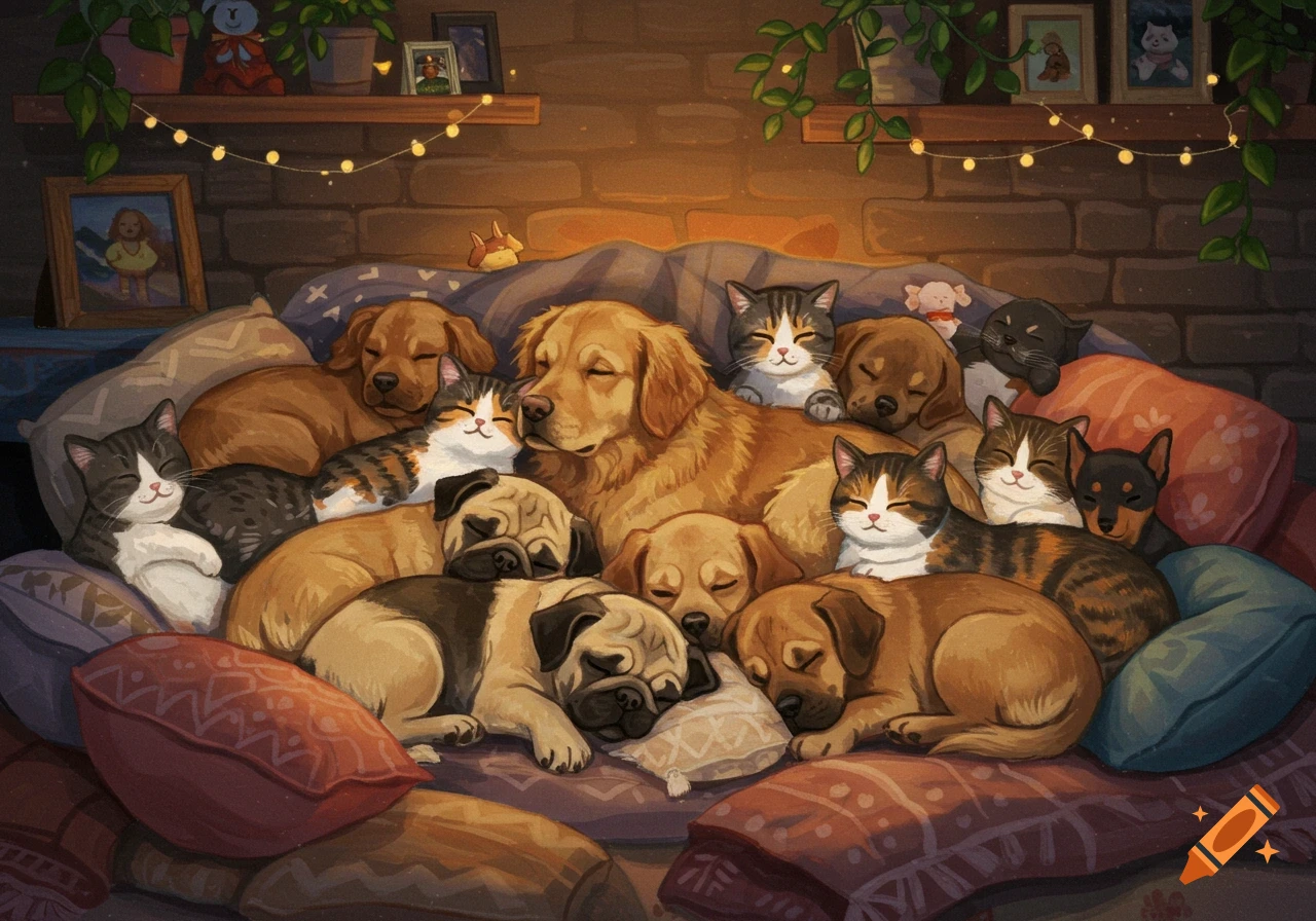 A pile of sleeping dogs and cats cuddled together on a cozy couch with pillows.