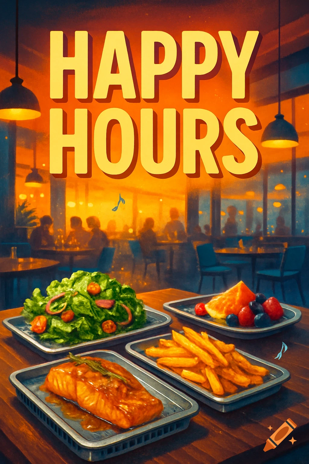 Vibrant illustration of a 'HAPPY HOURS' sign above tables with salad, salmon, fries, and fruit in a restaurant.