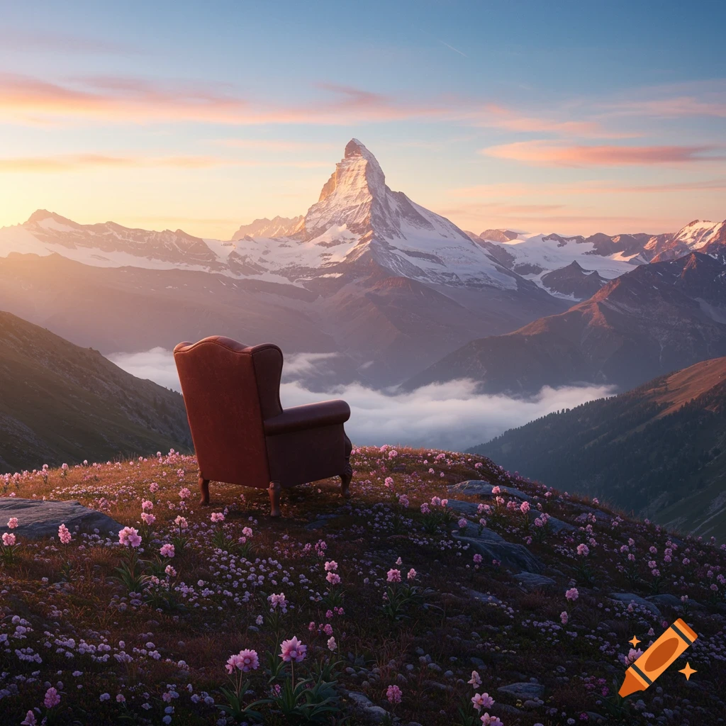 A red armchair sits on a flower-covered mountain slope overlooking snow-capped peaks and valleys at sunrise.