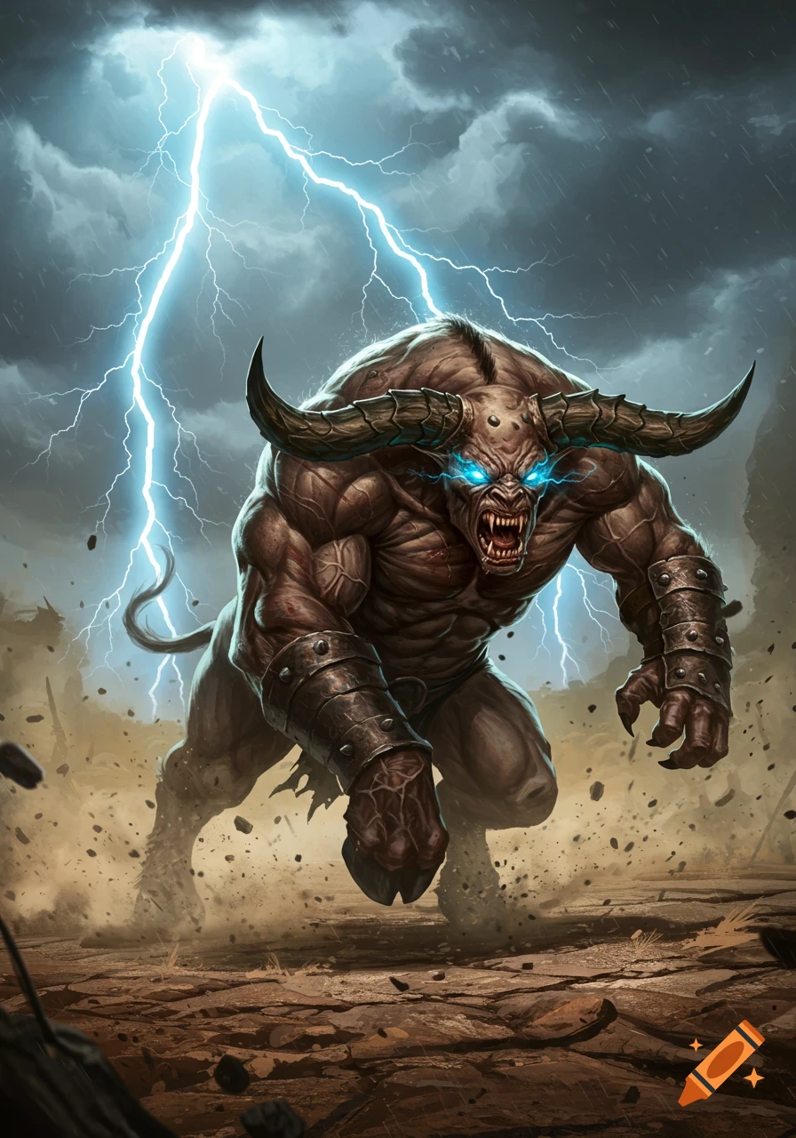 A monstrous, muscular horned brute with glowing blue eyes charges forward under a dramatic lightning storm in a barren, dusty landscape.
