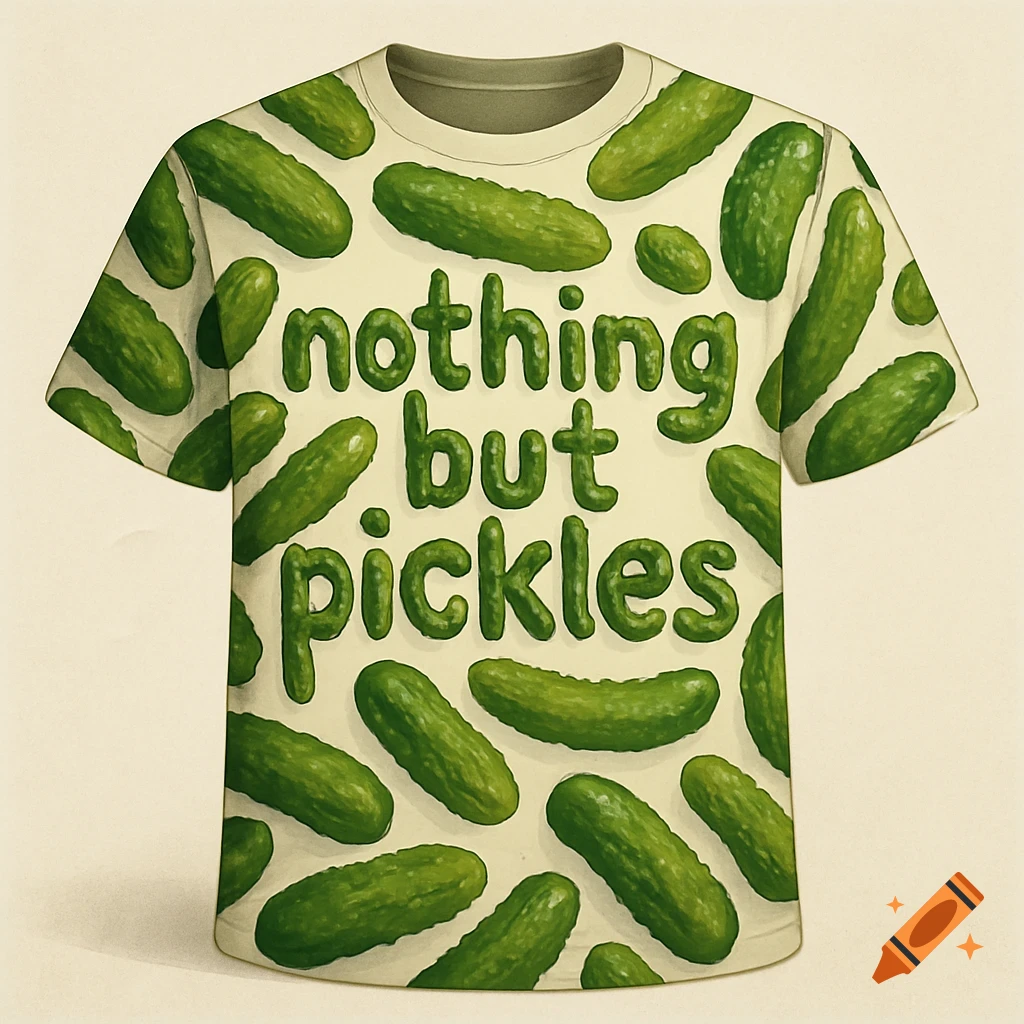 A beige t-shirt covered in green pickles with the words "nothing but pickles" written across the front using pickle-shaped letters.