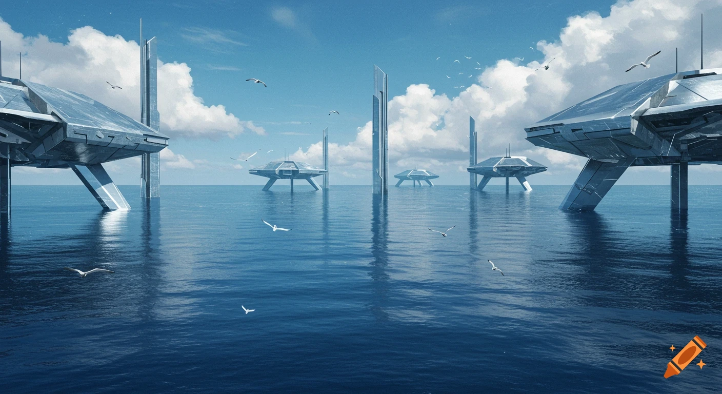 Photorealistic image of futuristic steel structures rising from a deep blue ocean under a partly cloudy sky with seagulls.