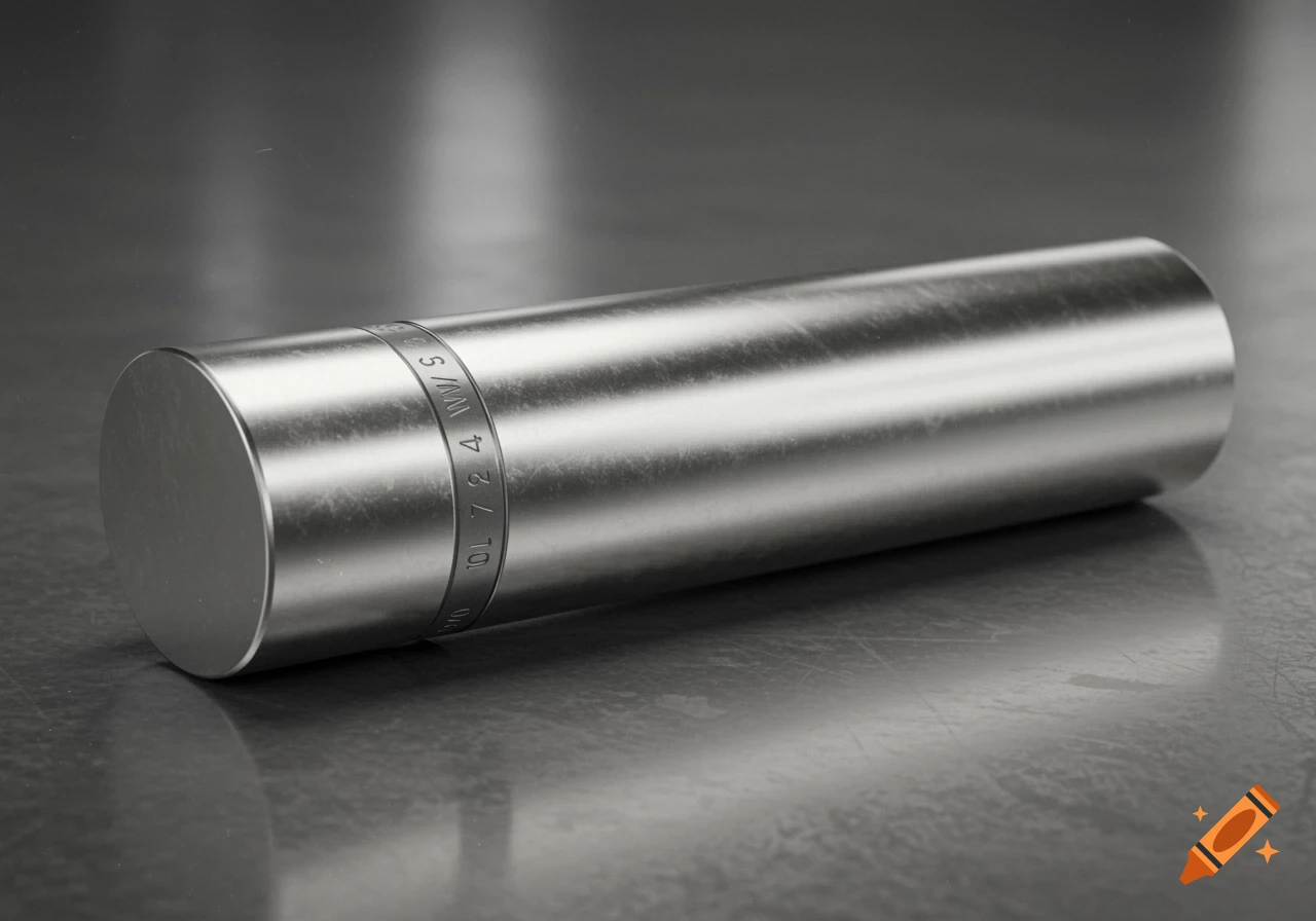 A photorealistic rendering of a silver metallic cylinder with a textured band, resting on a reflective surface.
