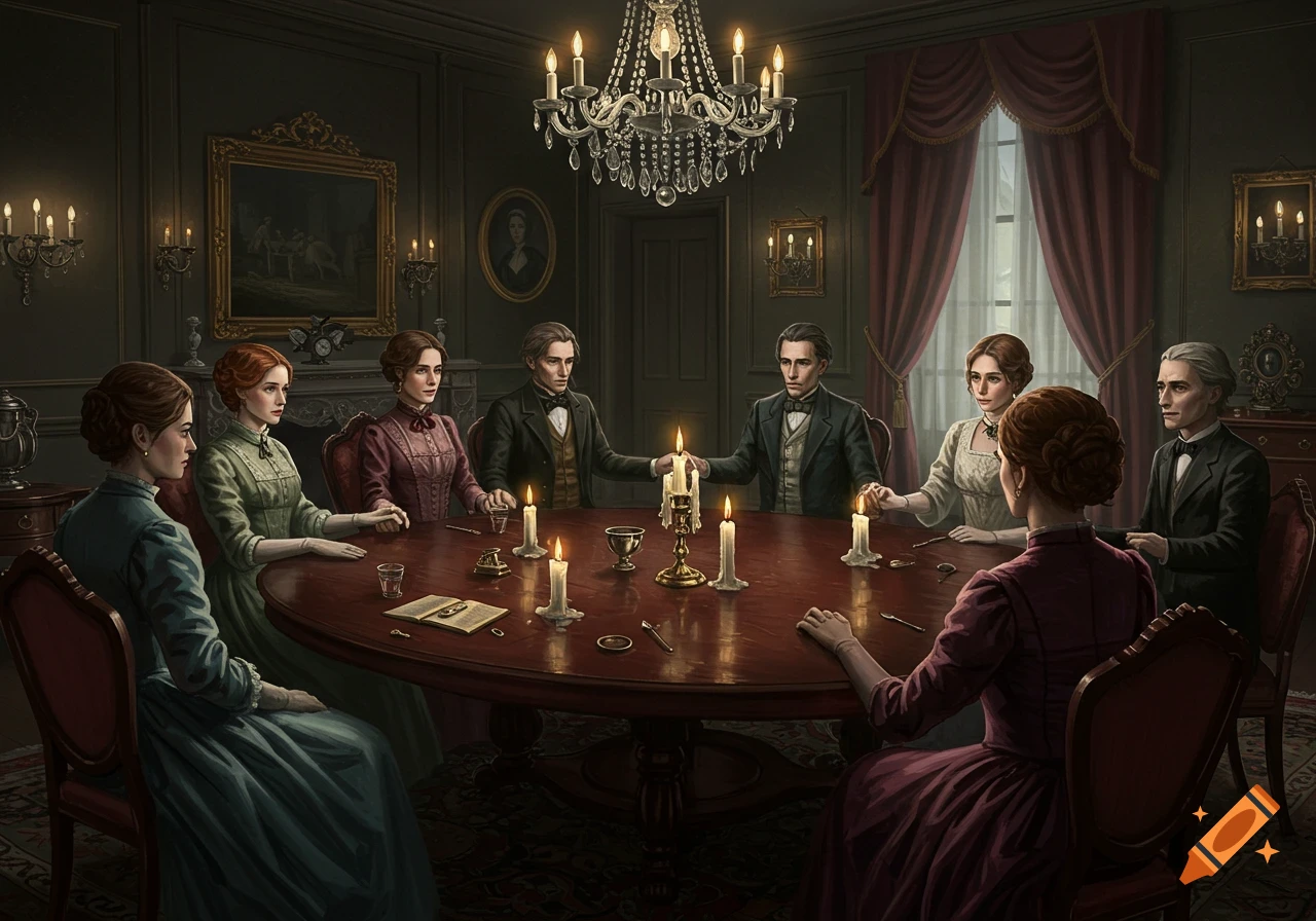 A group of well-dressed people in 19th-century attire holding hands around a large table lit by candles, evoking a séance atmosphere.