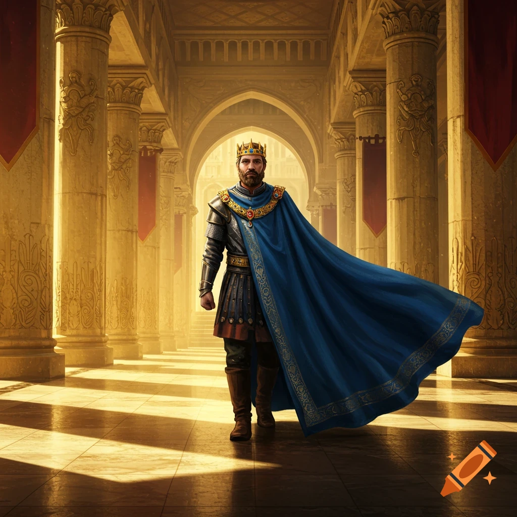 A king in royal armor and a flowing blue cape walks through a grand, golden palace hall with tall columns.