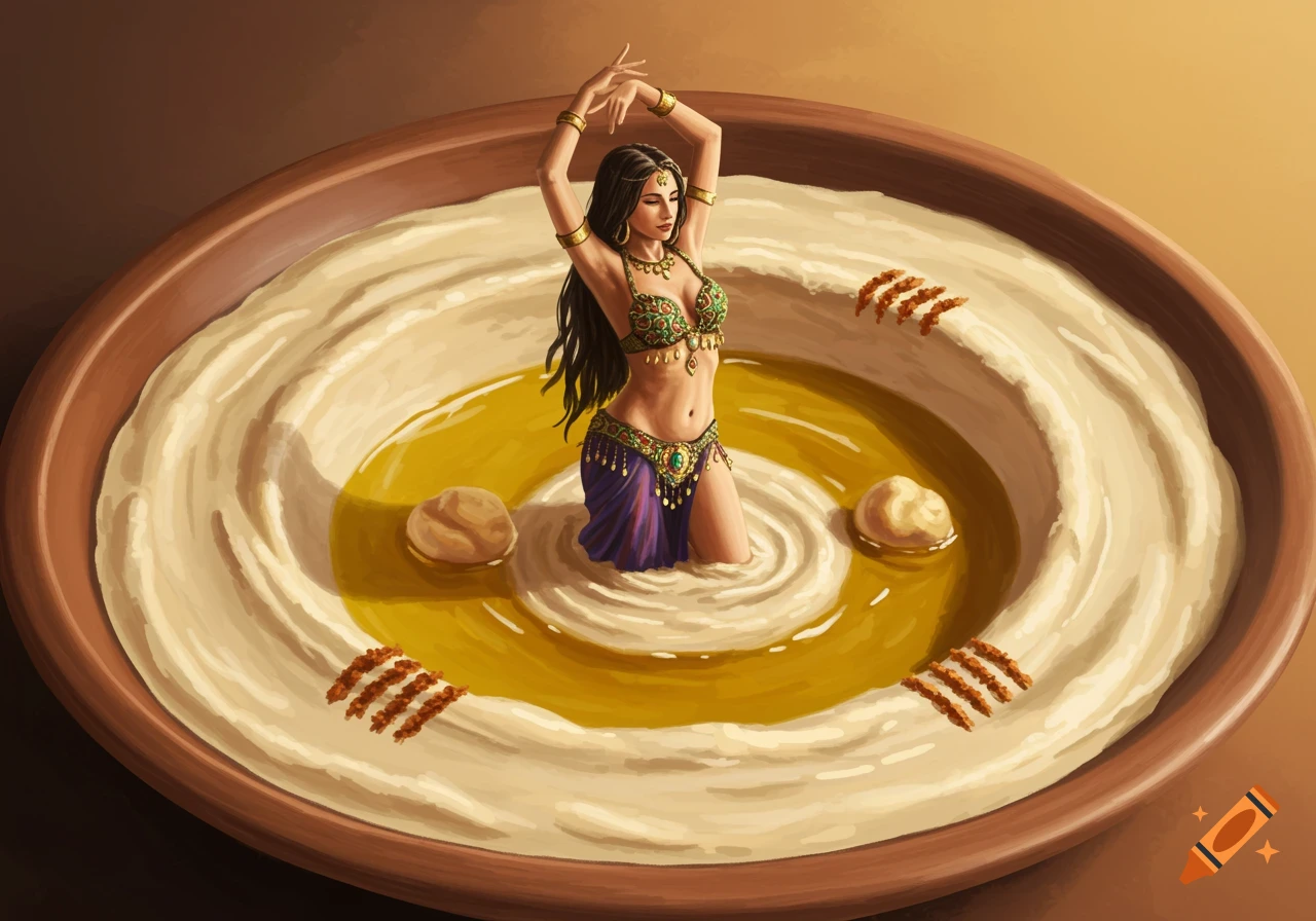 A beautiful belly dancer in a decorative outfit gracefully dances within a large bowl of hummus with olive oil and spices.