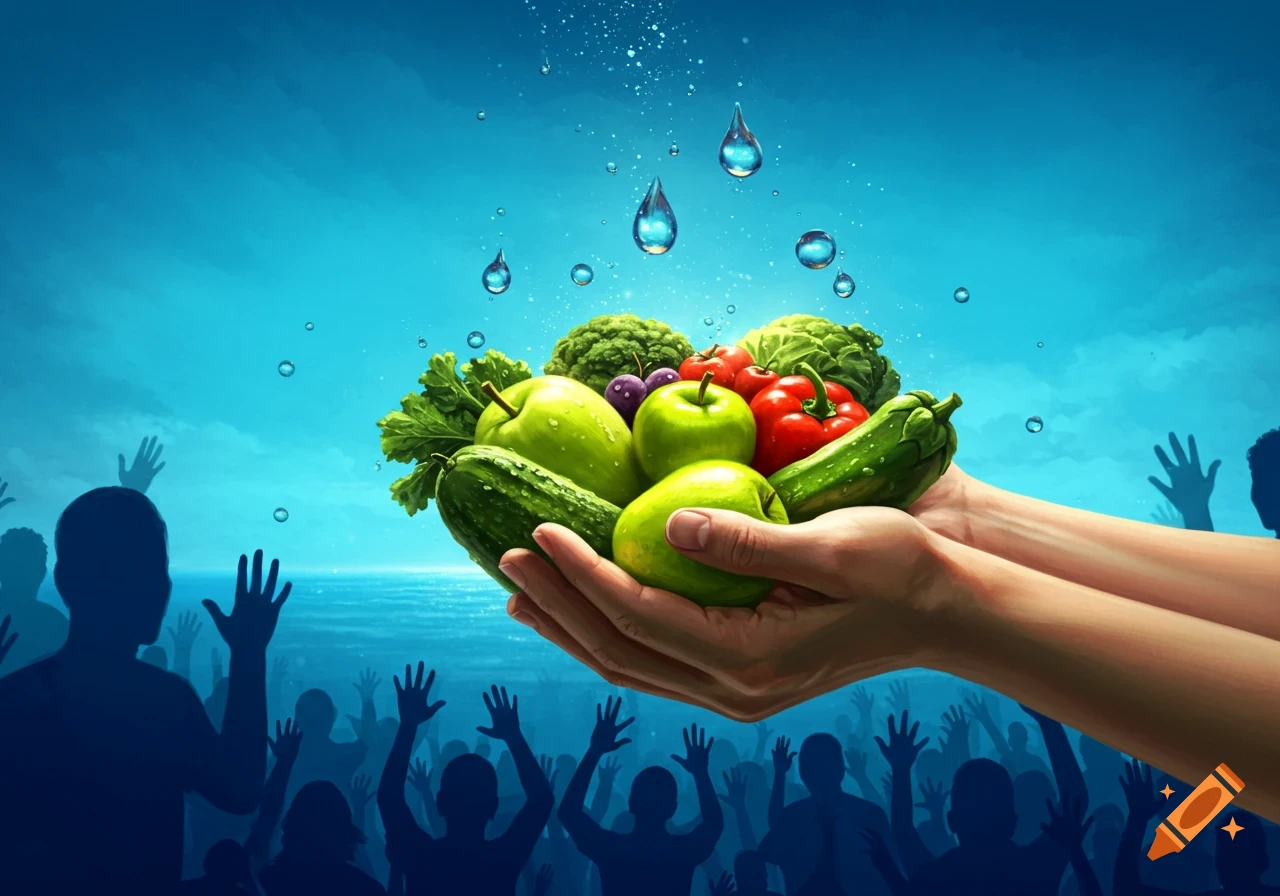Hands hold a bounty of fresh fruits and vegetables under falling water drops, with silhouetted figures reaching up against a blue sky.