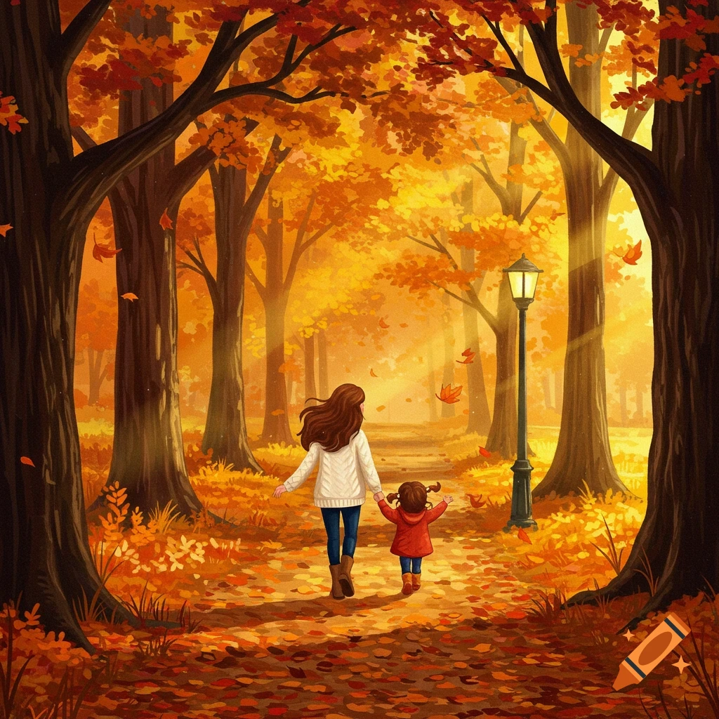 A mother and daughter walk hand-in-hand down a sunlit path through a vibrant autumn forest filled with orange and yellow leaves.