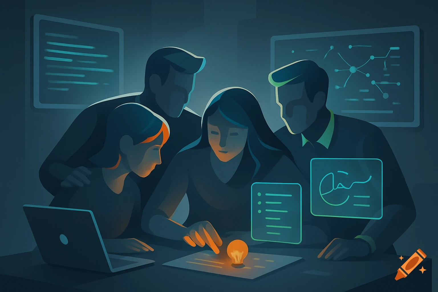 Stylized illustration of four people collaborating around a table with a glowing light bulb, laptop, and abstract screens, symbolizing a new idea or project.