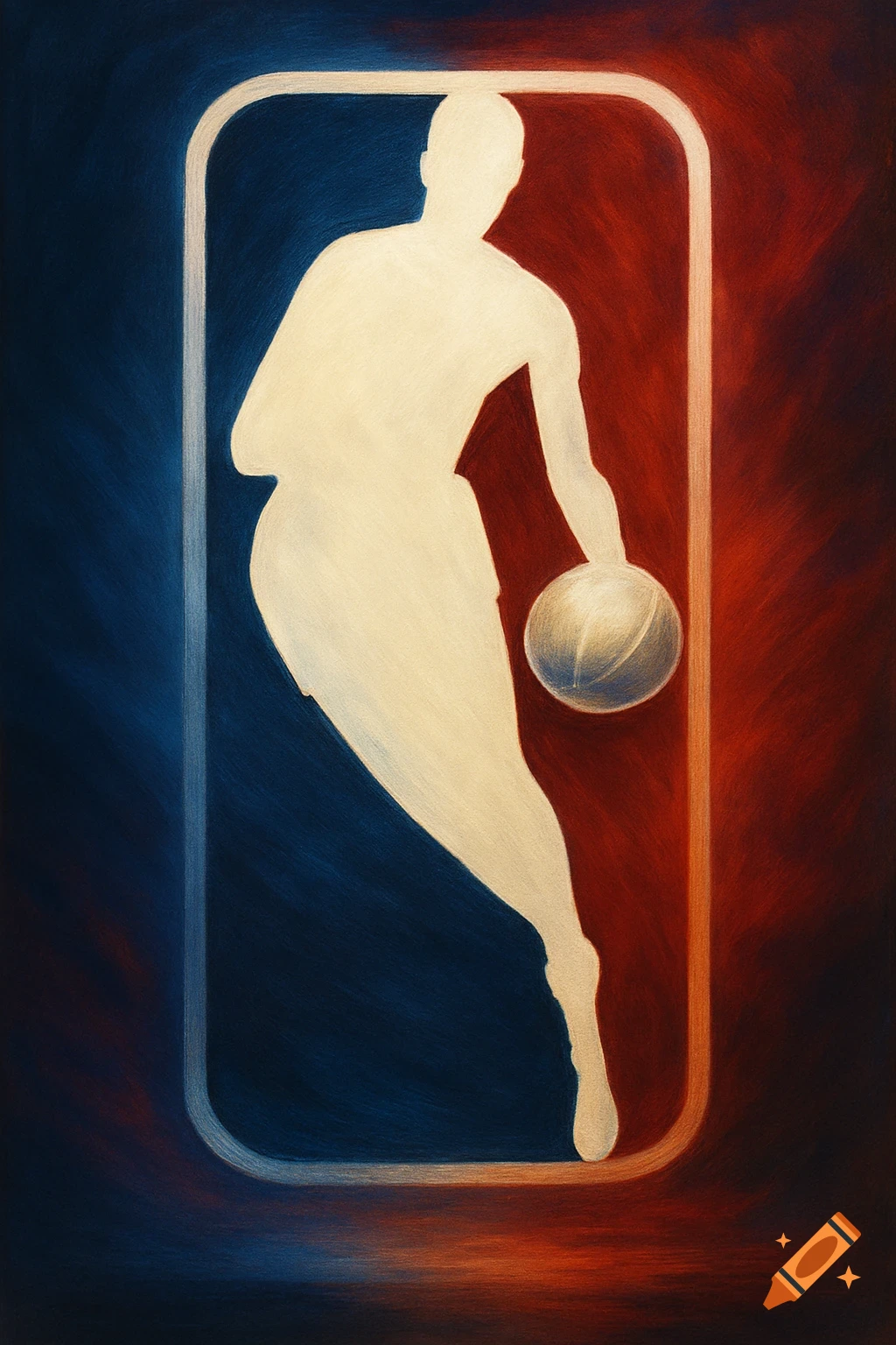 Stylized NBA logo silhouette against a textured red and blue background.