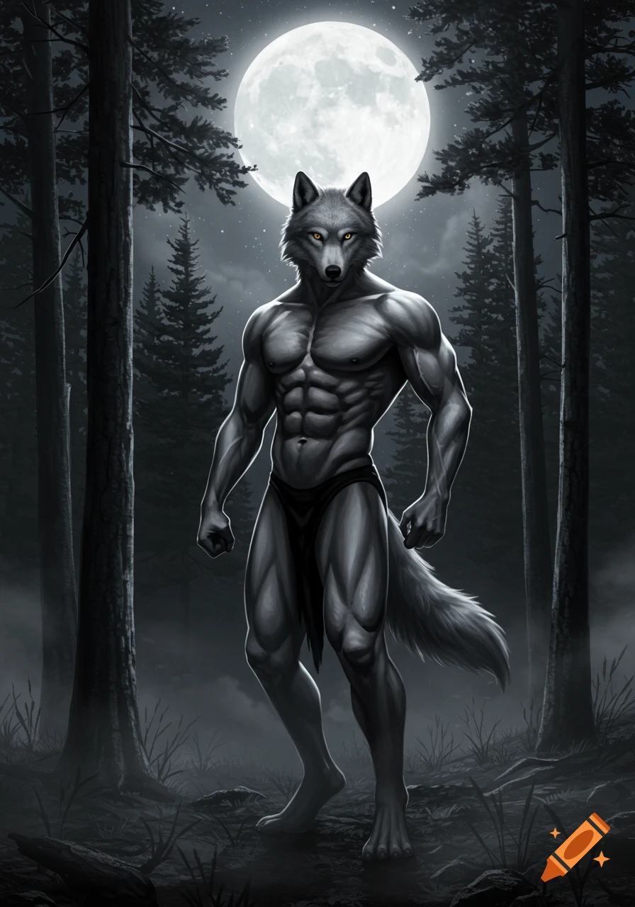 A powerful werewolf with glowing yellow eyes stands under a bright full moon in a dark, misty forest.