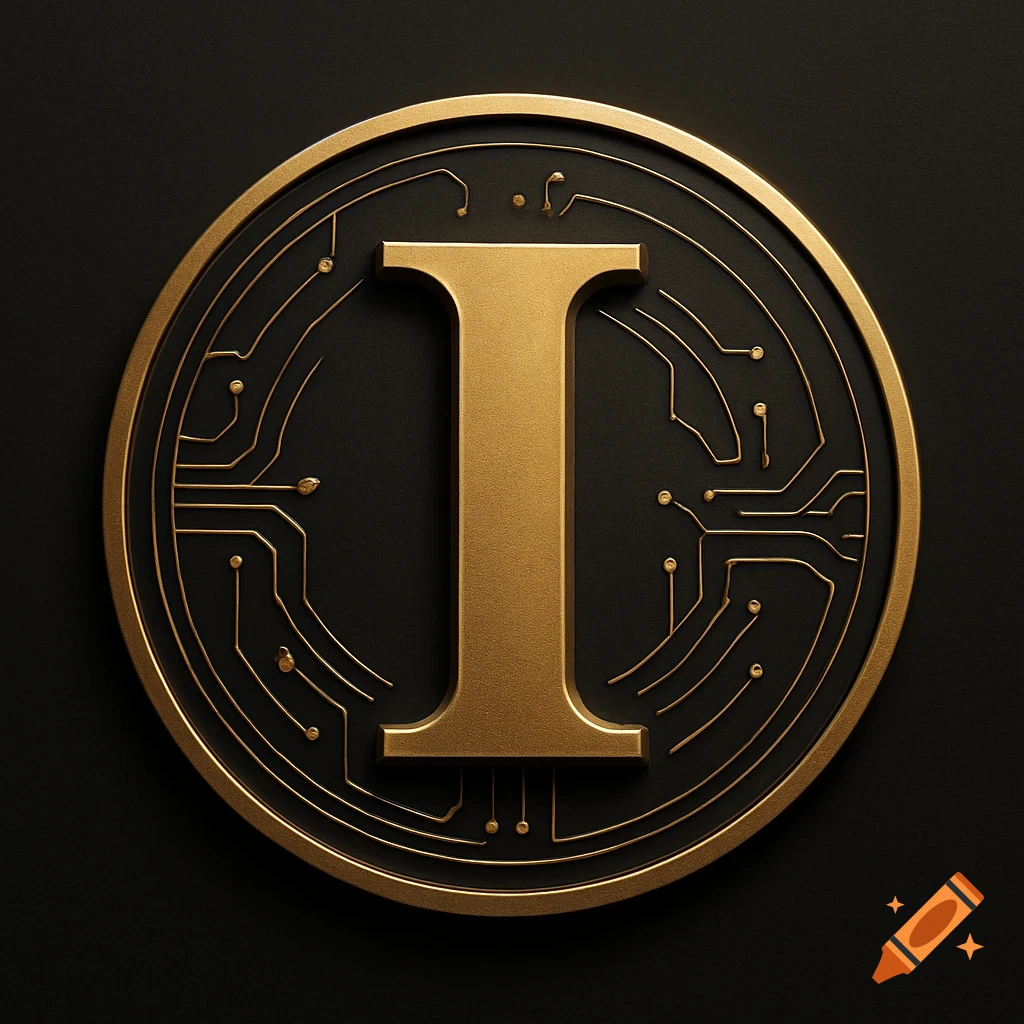 A gold coin with a large letter 'I' in the center, surrounded by a circuit board pattern, on a dark background.