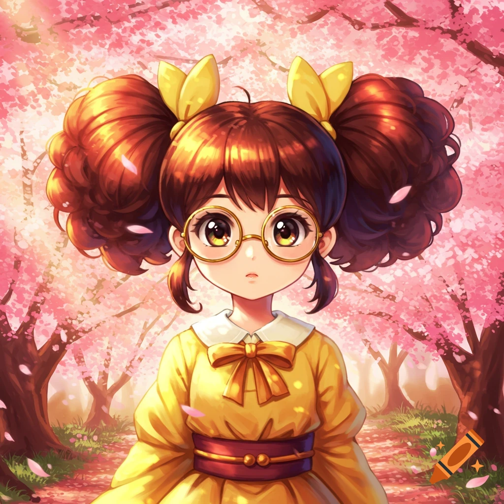 An anime girl with brown pigtails and glasses in a yellow dress stands in a pink cherry blossom forest.