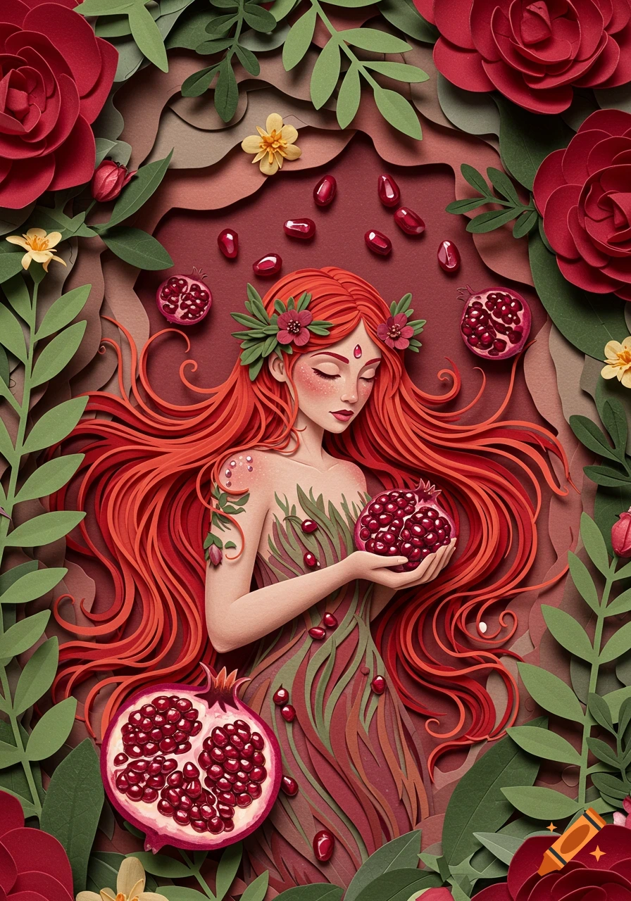 A red-haired floral maiden in a cut paper layered style, holding pomegranate seeds, surrounded by leaves and flowers.