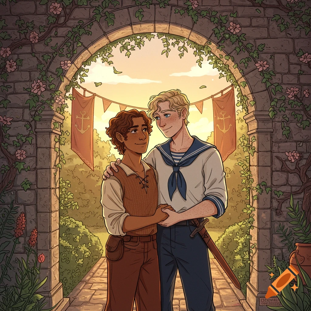 Two men embrace and hold hands under a stone archway with flowers and vines in a fantasy illustration.