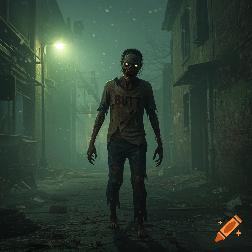 A menacing zombie with glowing eyes stands in a dark, misty urban alley at night, wearing a tattered shirt with the word 'BUTT'.