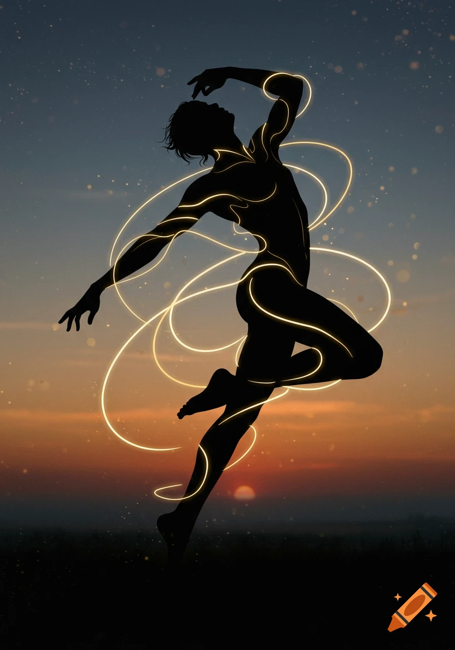 A black silhouette of a person dancing with glowing golden lines against a vibrant sunset sky with subtle stars.