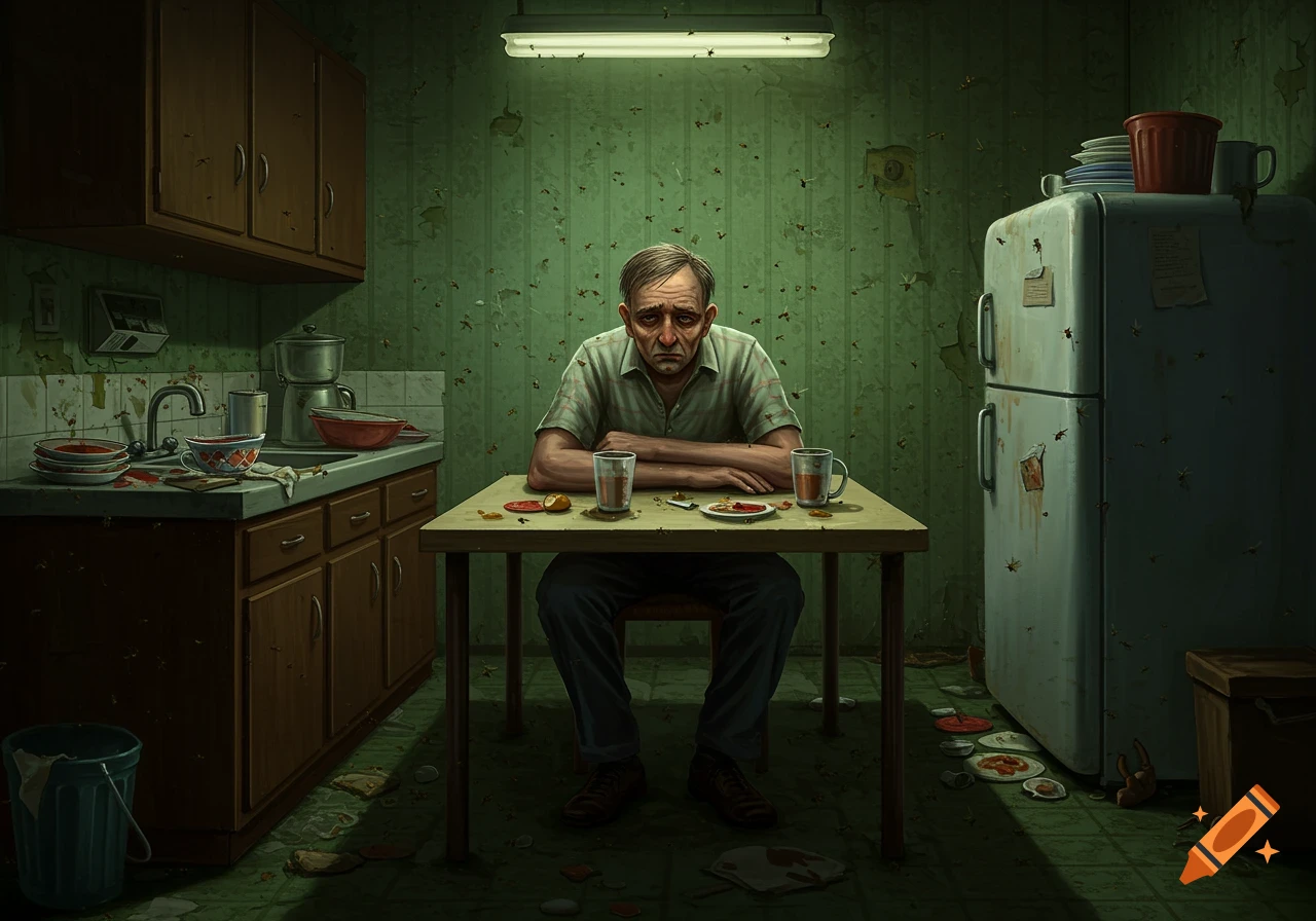 A man looking distraught sitting at a table in a dirty, bug-infested kitchen.