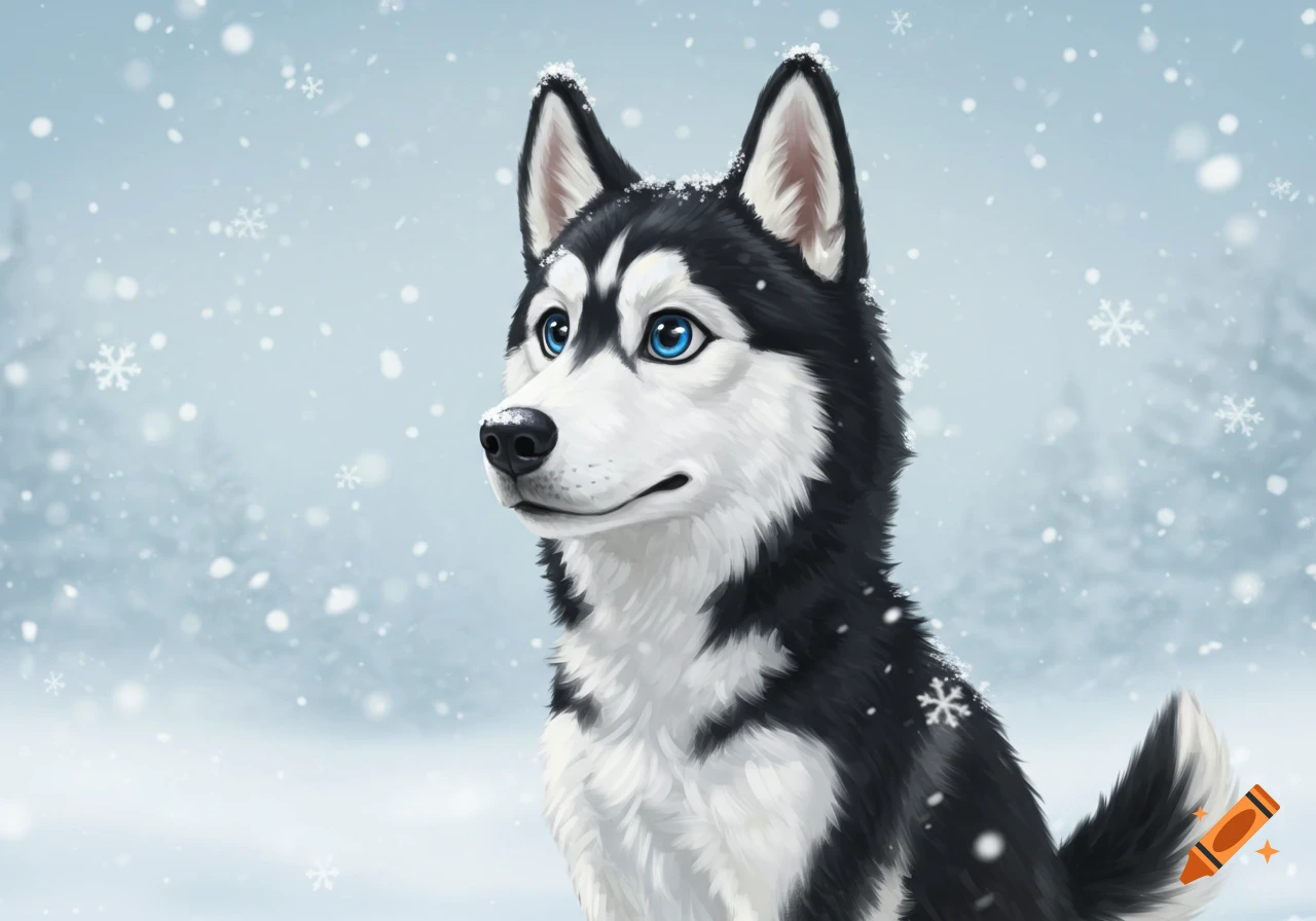 A black and white husky dog with bright blue eyes sits in a snowy landscape with snowflakes falling.