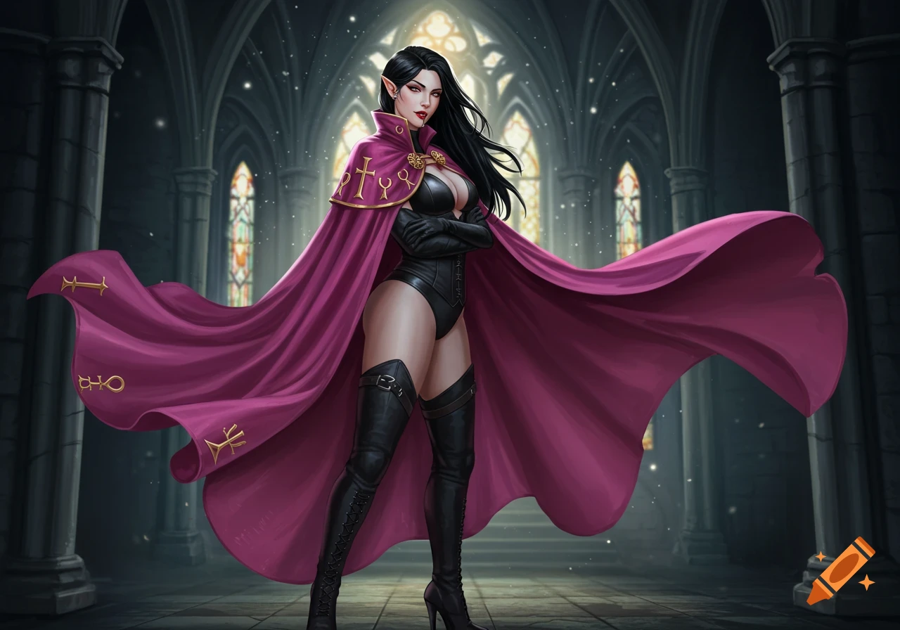 A regal female vampire with long black hair, pointed ears, and a flowing magenta cape adorned with gold symbols, stands inside a gothic cathedral.