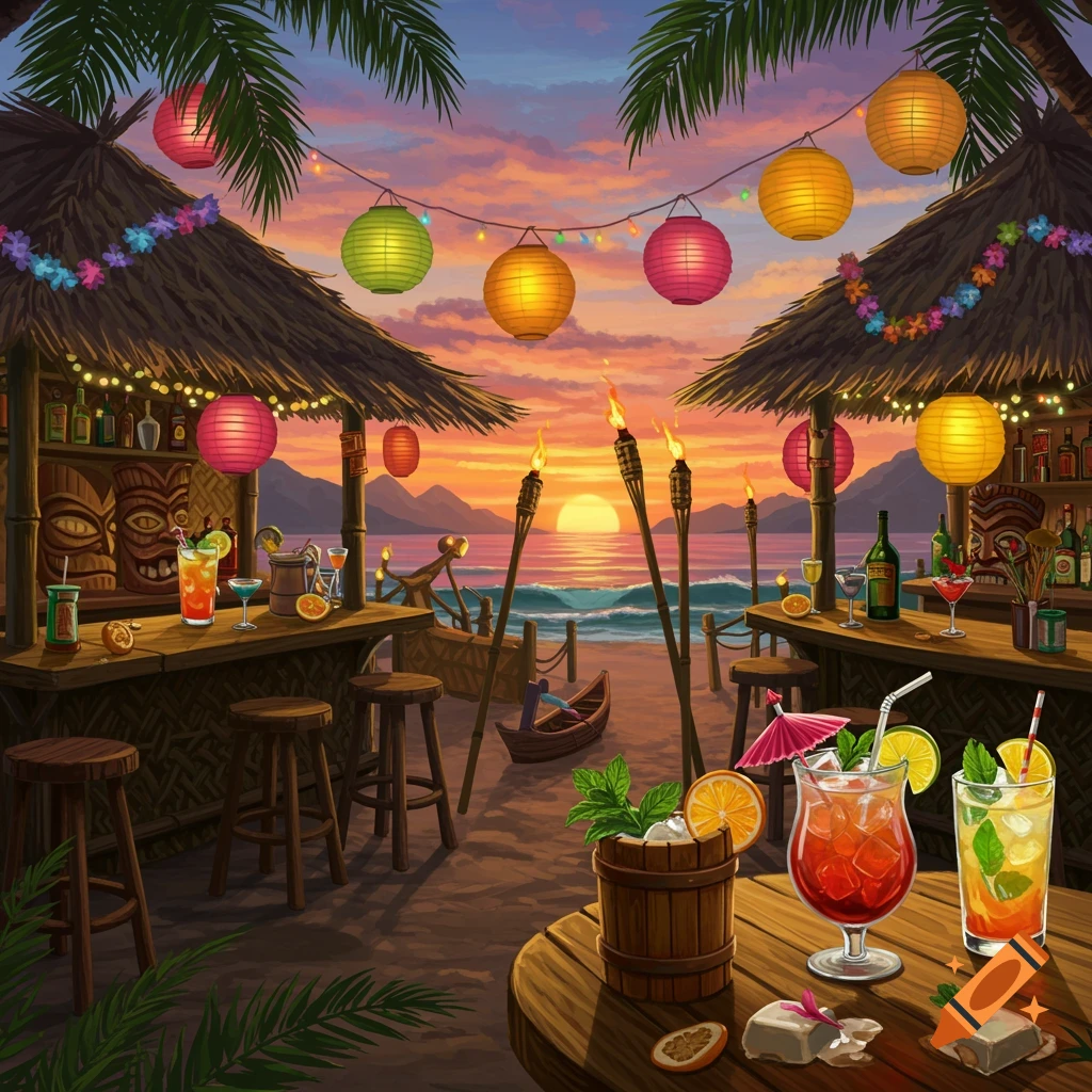 Vibrant illustration of a tiki bar on a beach at sunset, with lanterns, tiki torches, and colorful cocktails.
