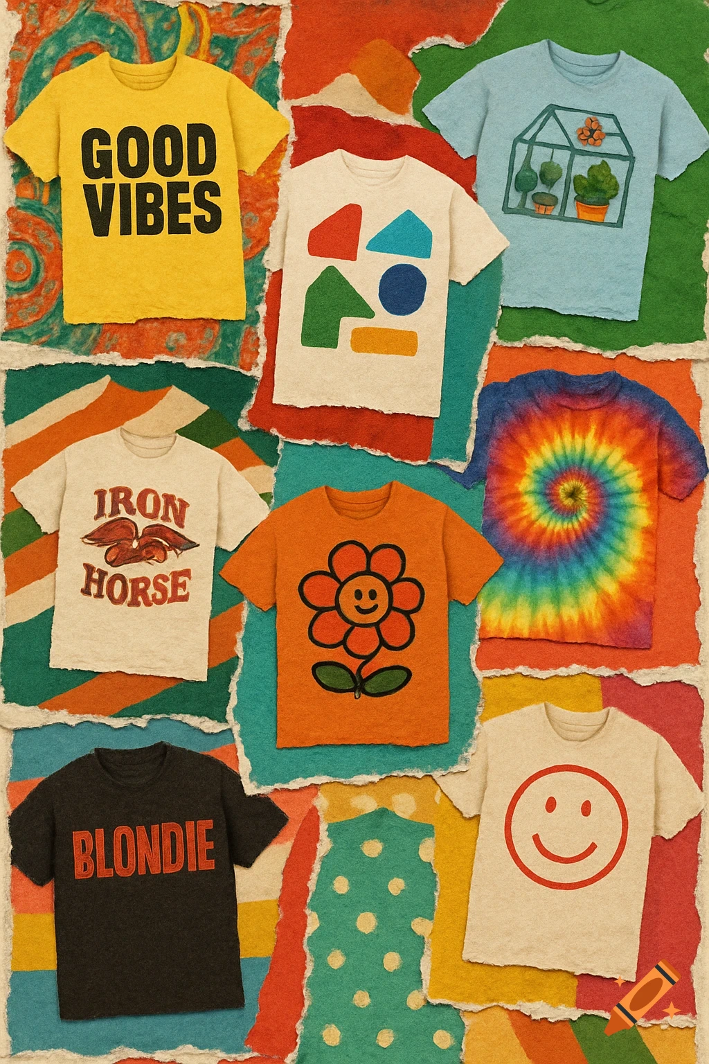 A vibrant ripped paper collage advertising various t-shirts, featuring designs like 'GOOD VIBES', a flower, a greenhouse, and a tie-dye pattern.