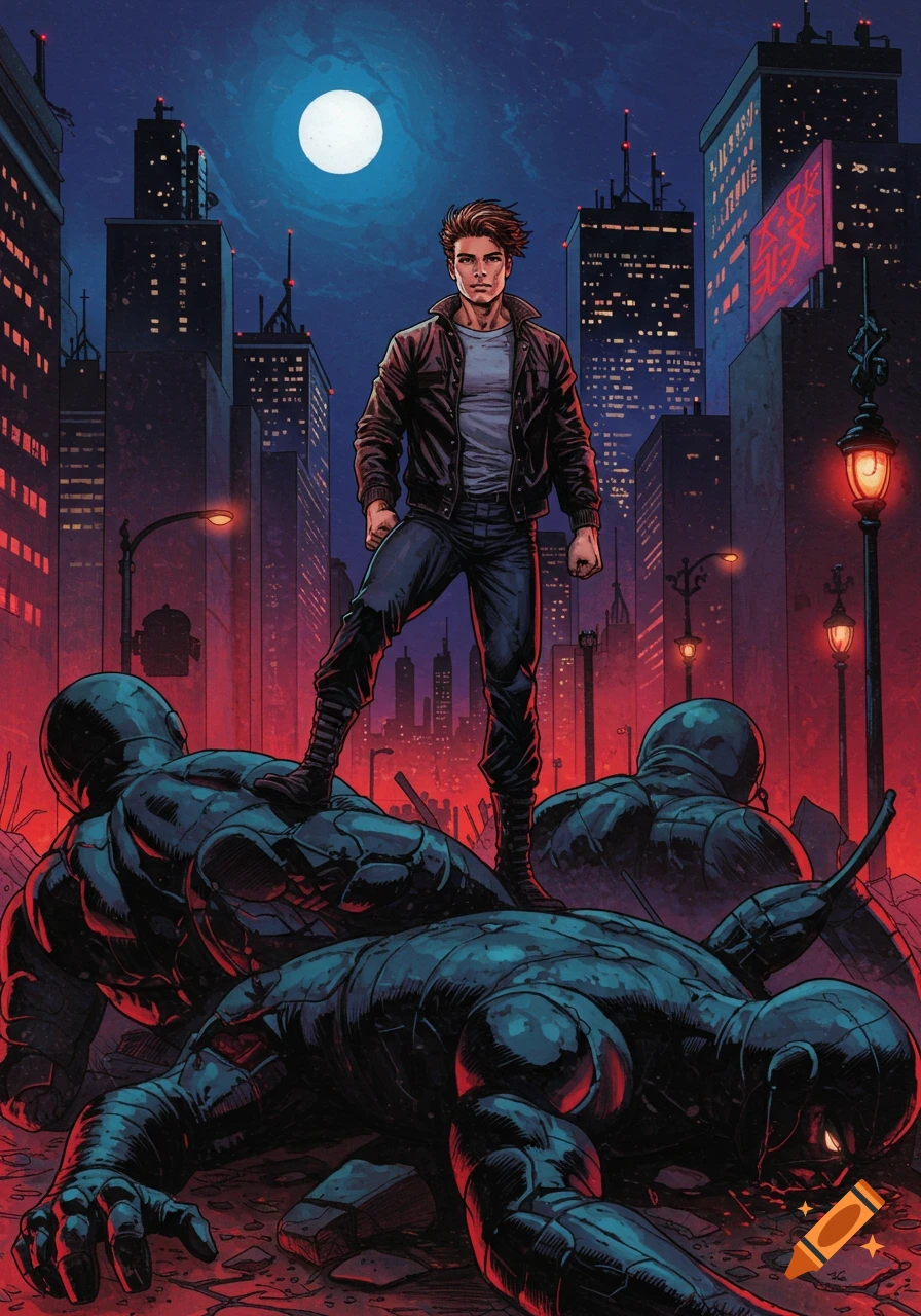 A comic book illustration of a young man in a leather jacket standing on three defeated, dark figures in a city at night.