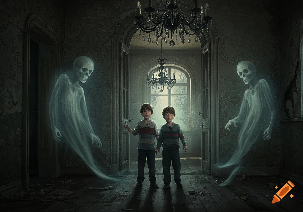 Two frightened boys stand in a dark, dilapidated haunted house with two ghostly skeletal figures floating beside them, illuminated by light from a distant window.