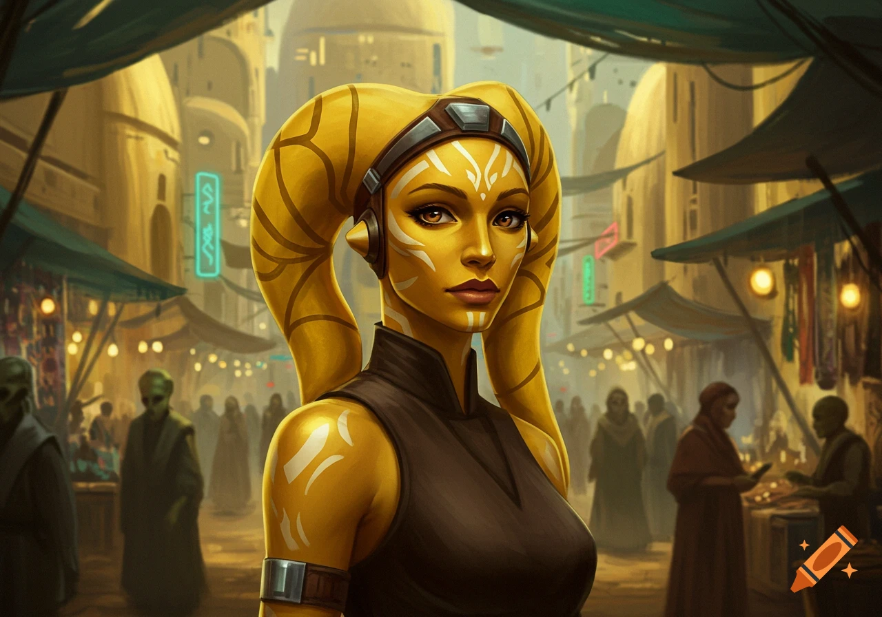 Digital painting of a yellow-skinned Twi'lek woman with decorative markings and a headset in a bustling alien market.