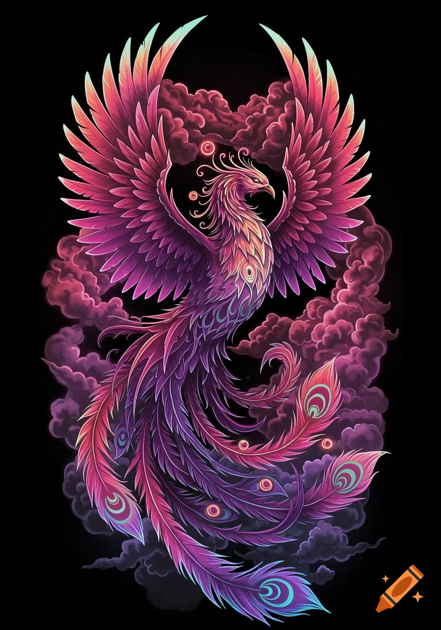 Vibrant, stylized phoenix with pink and purple feathers rising from clouds against a black background, in a psychedelic digital art style.