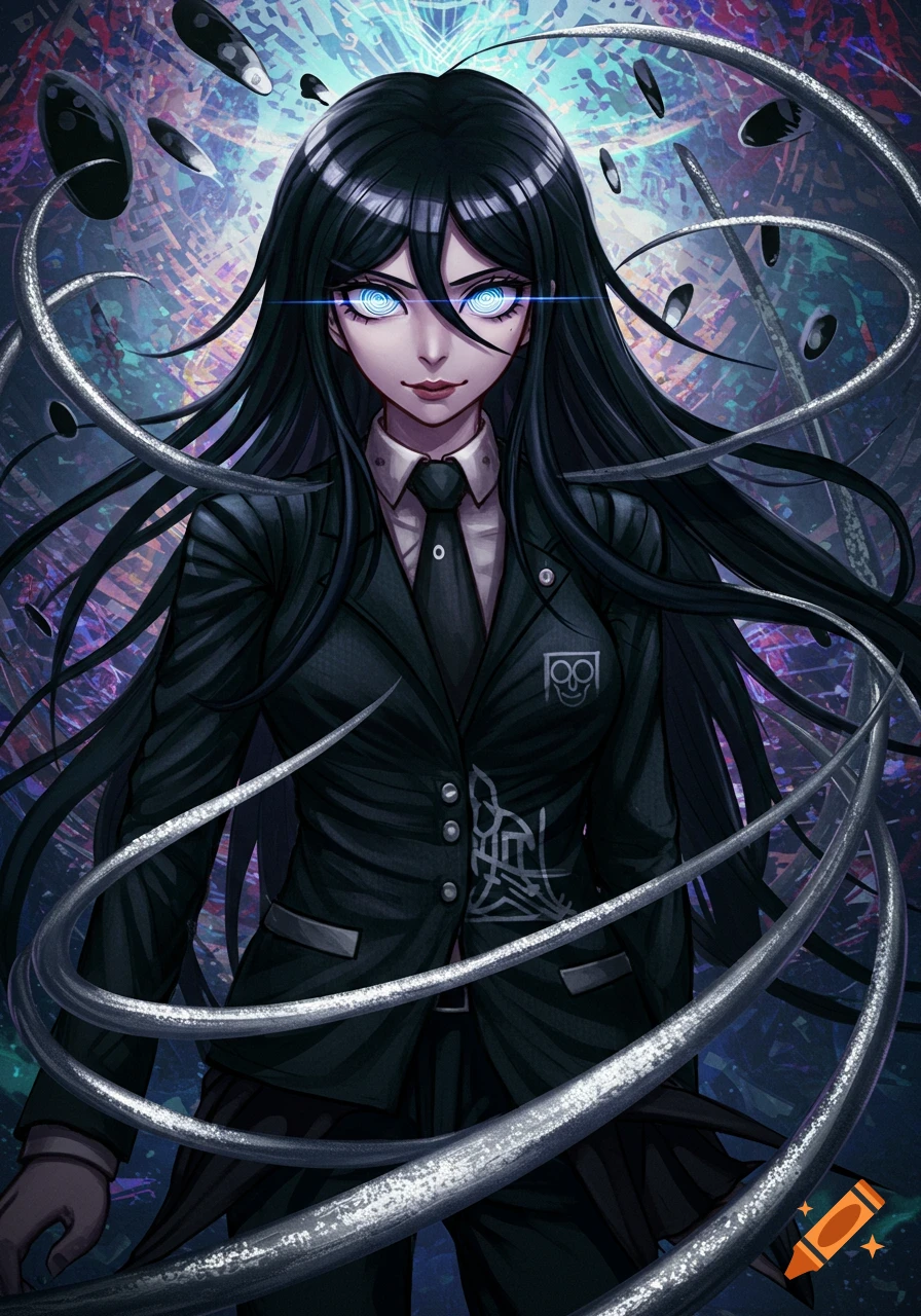 An anime woman with long black hair and glowing blue spiral eyes in a black suit, surrounded by swirling tendrils.