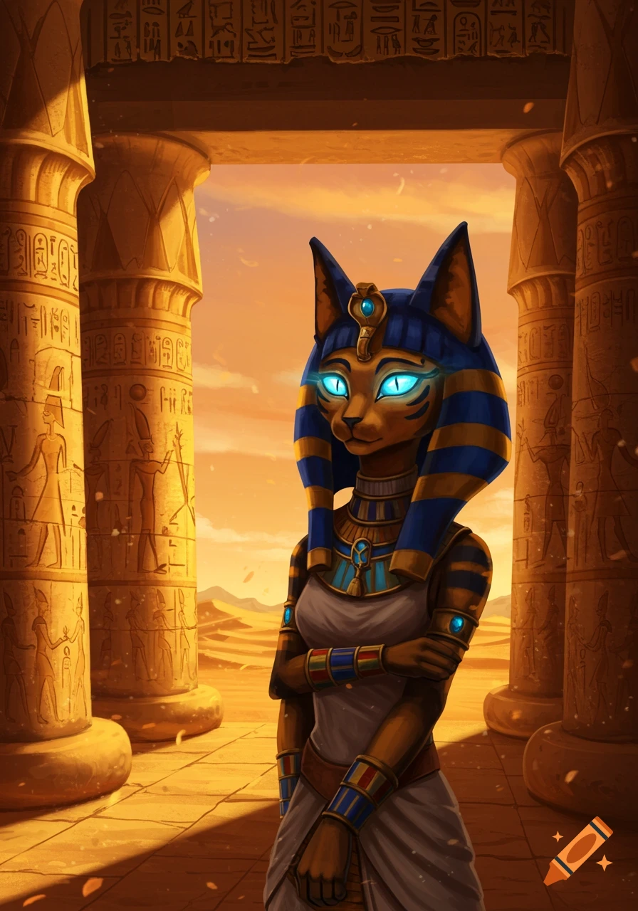 An anthropomorphic cat-woman with glowing blue eyes and a blue headdress stands in an ancient Egyptian temple at sunset.
