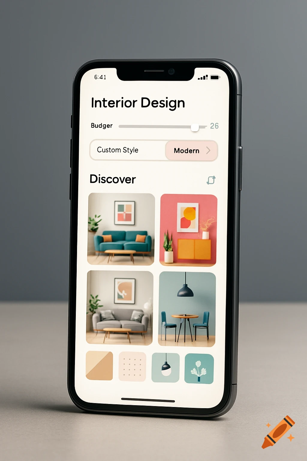 A black smartphone displays an interior design app with sections for budget, custom style, and modern designs, showing various room mockups.